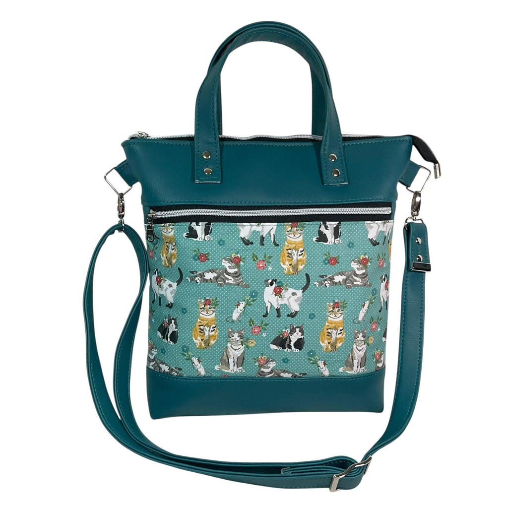 Handbag in faux Leather and cat breeds print  fabric, medium tote style zip top shoulder crossbody with carry handles