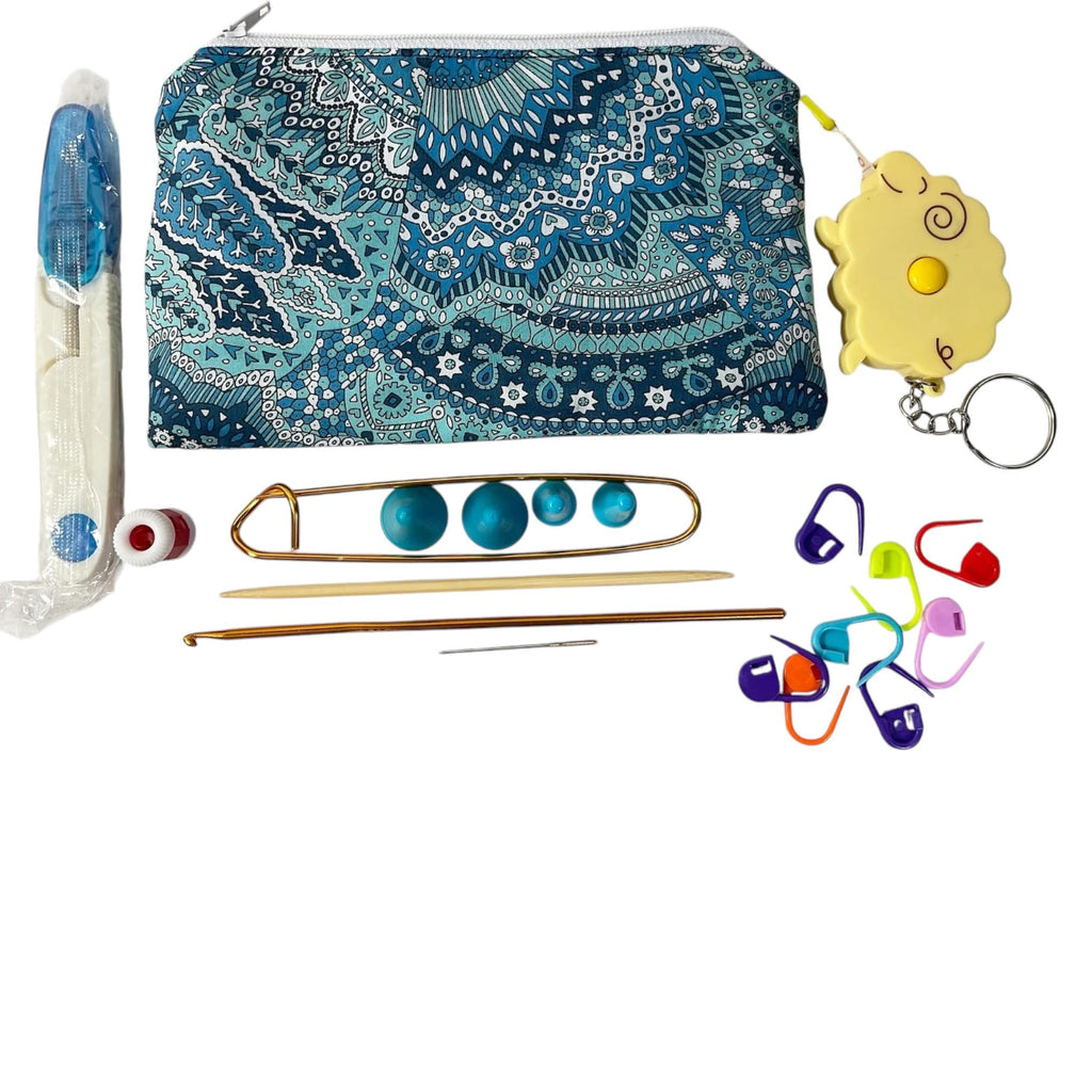 Notions kit for Knitters and crochet in liberty fabric and filled with craft tools, floral travel knitting kit, scissors, stitch holder