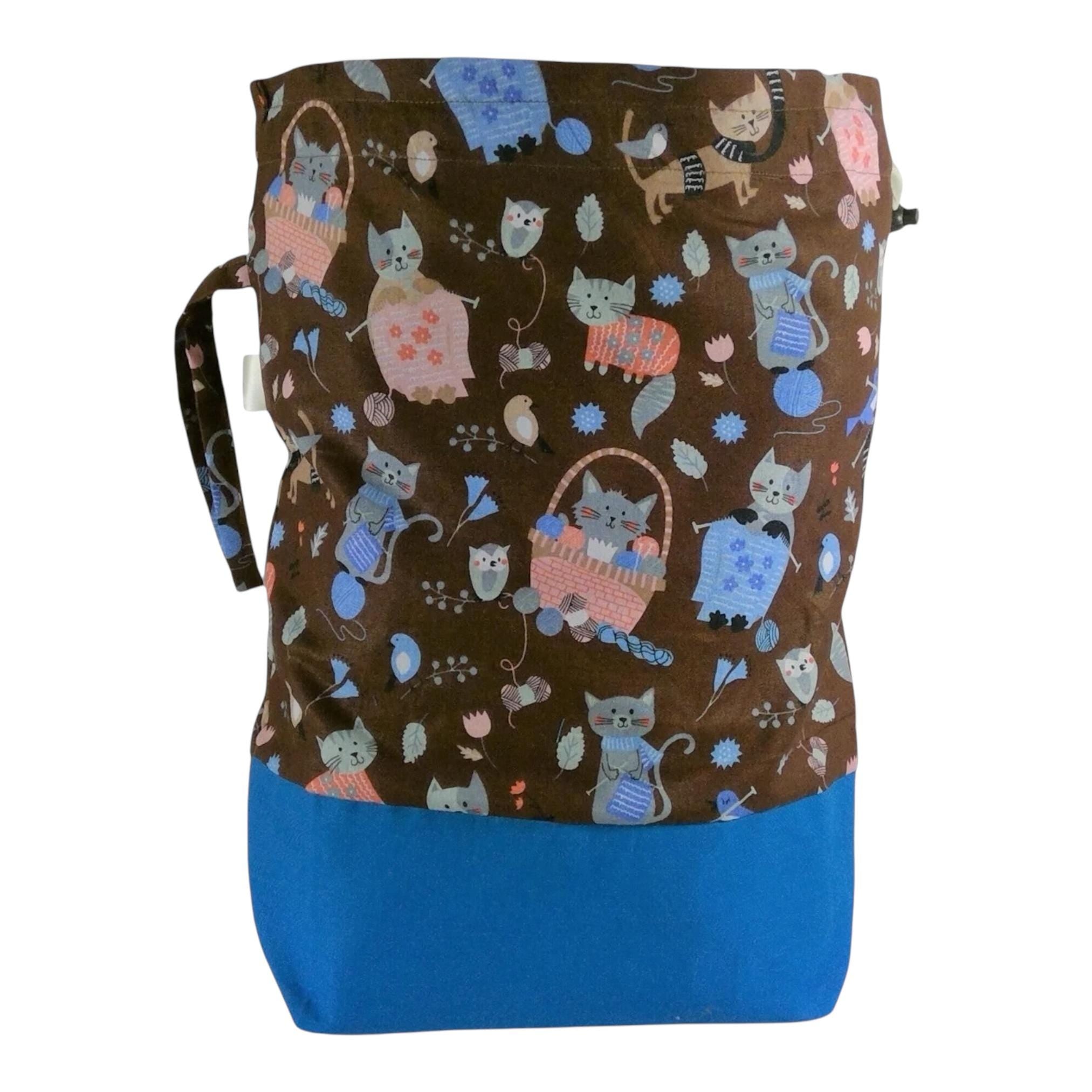Extra Large two at  a time knitting bag with cats, divided drawstring wristlet, sock knitting purse, large project bag, work in progress
