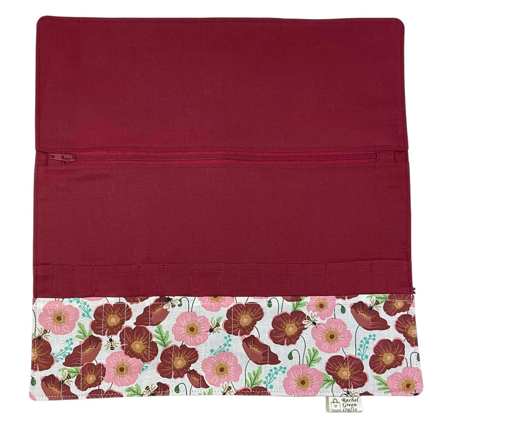 Interchangeable knitting needle case with bees and flowers , floral addi case, chiagoo wallet, knit pro organiser pouch, hiya hiya case,