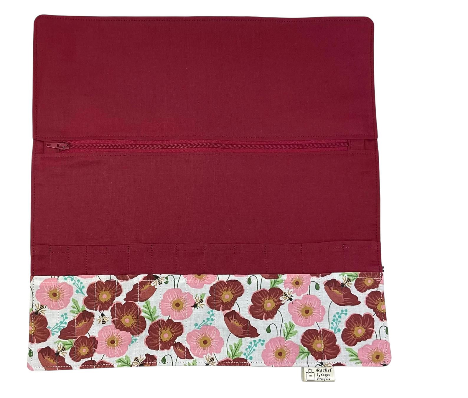 Interchangeable knitting needle case with bees and flowers , floral addi case, chiagoo wallet, knit pro organiser pouch, hiya hiya case,
