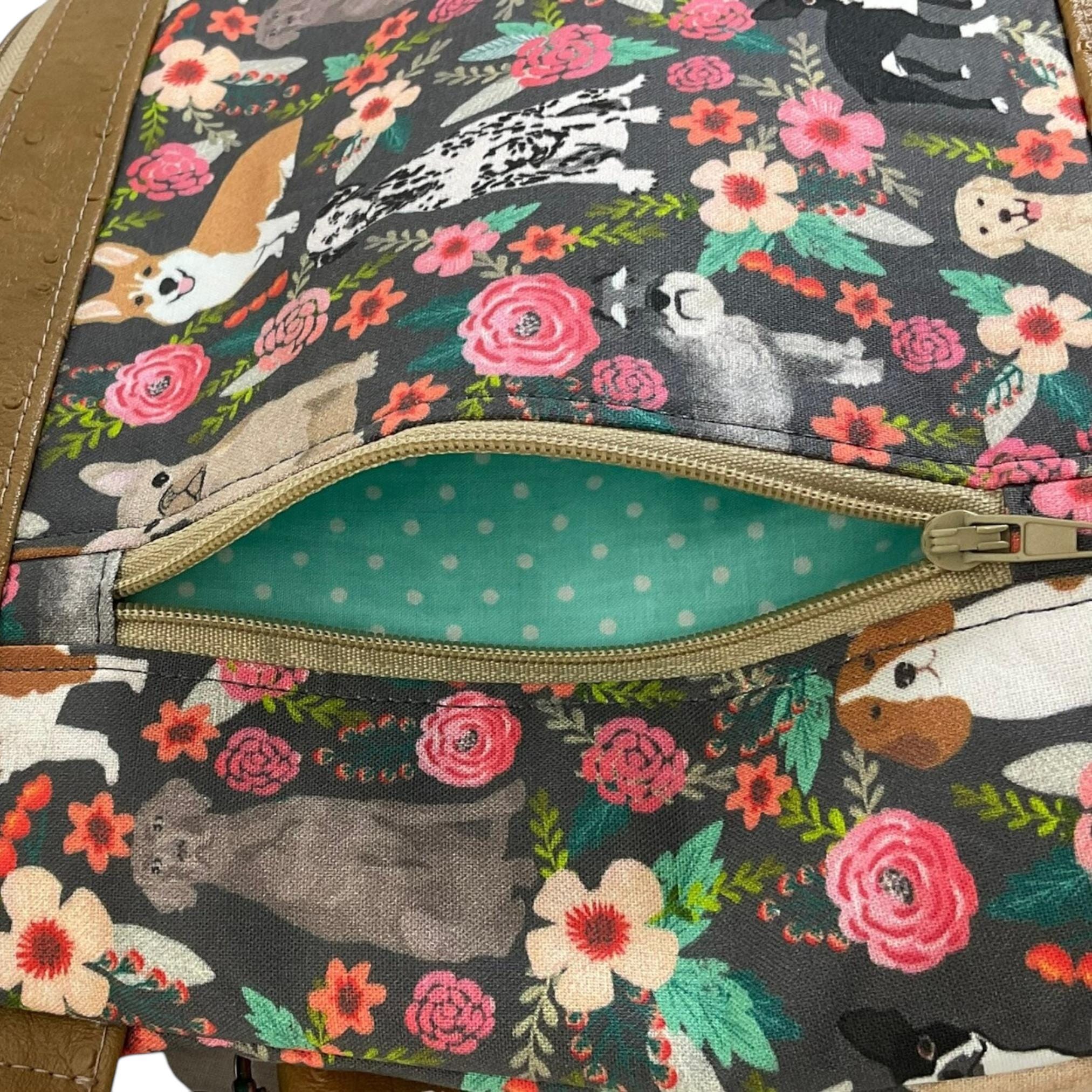 Handbag in faux leather and dog print,  vegan ladies gift, crossbody bag, shoulder zip pouch