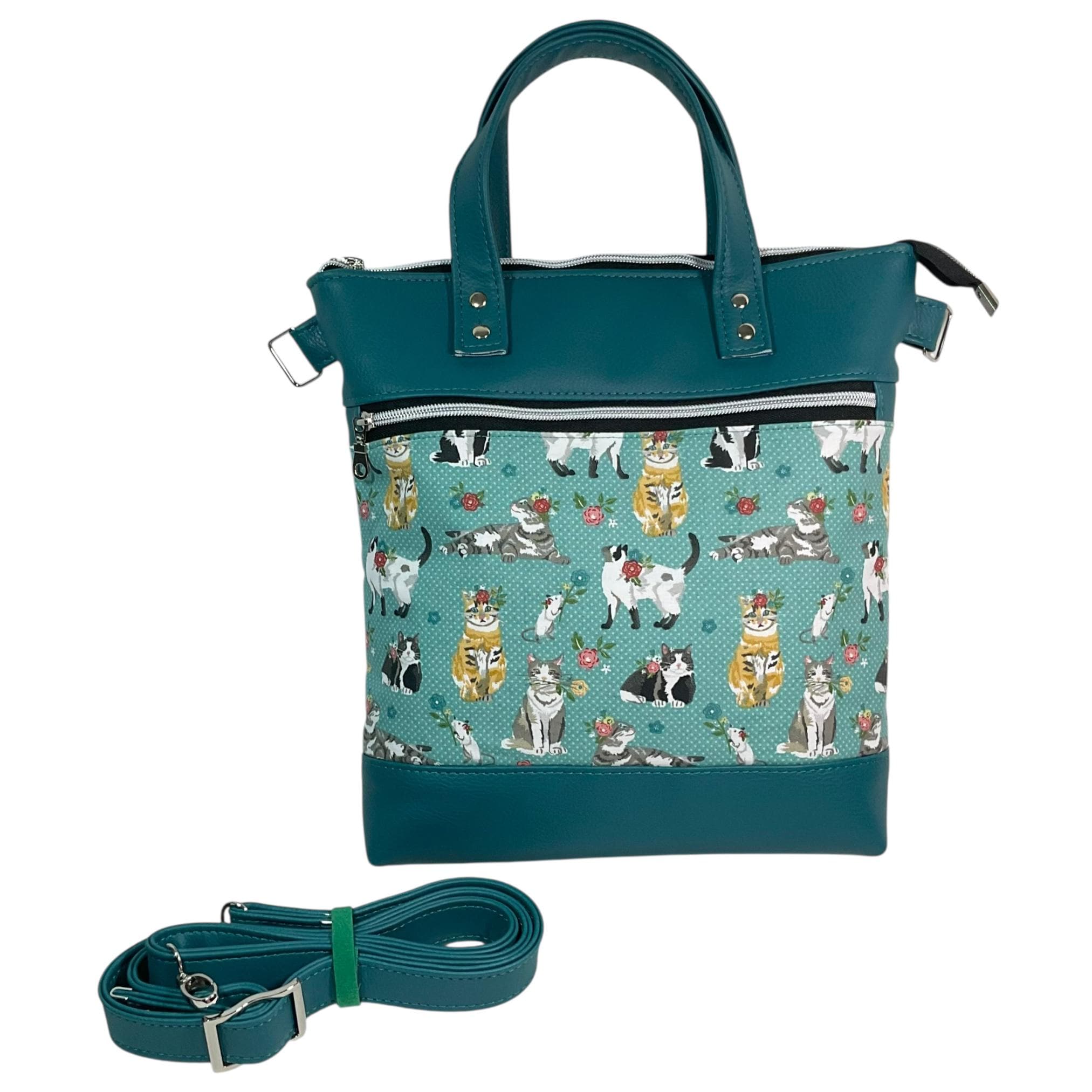 Handbag in faux Leather and cat breeds print  fabric, medium tote style zip top shoulder crossbody with carry handles
