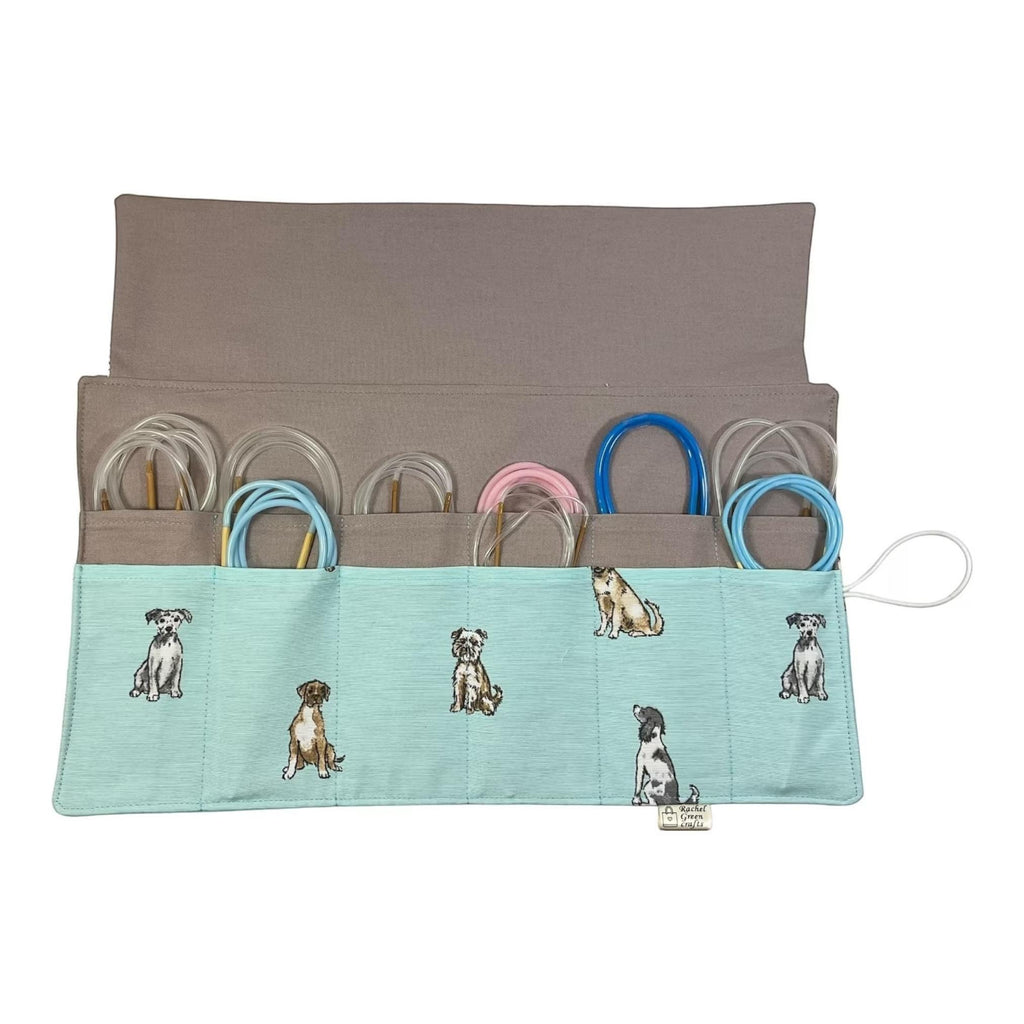 Circular knitting needle case made from  dogs fabric, fixed circular sock needle pouch, knitters gift,