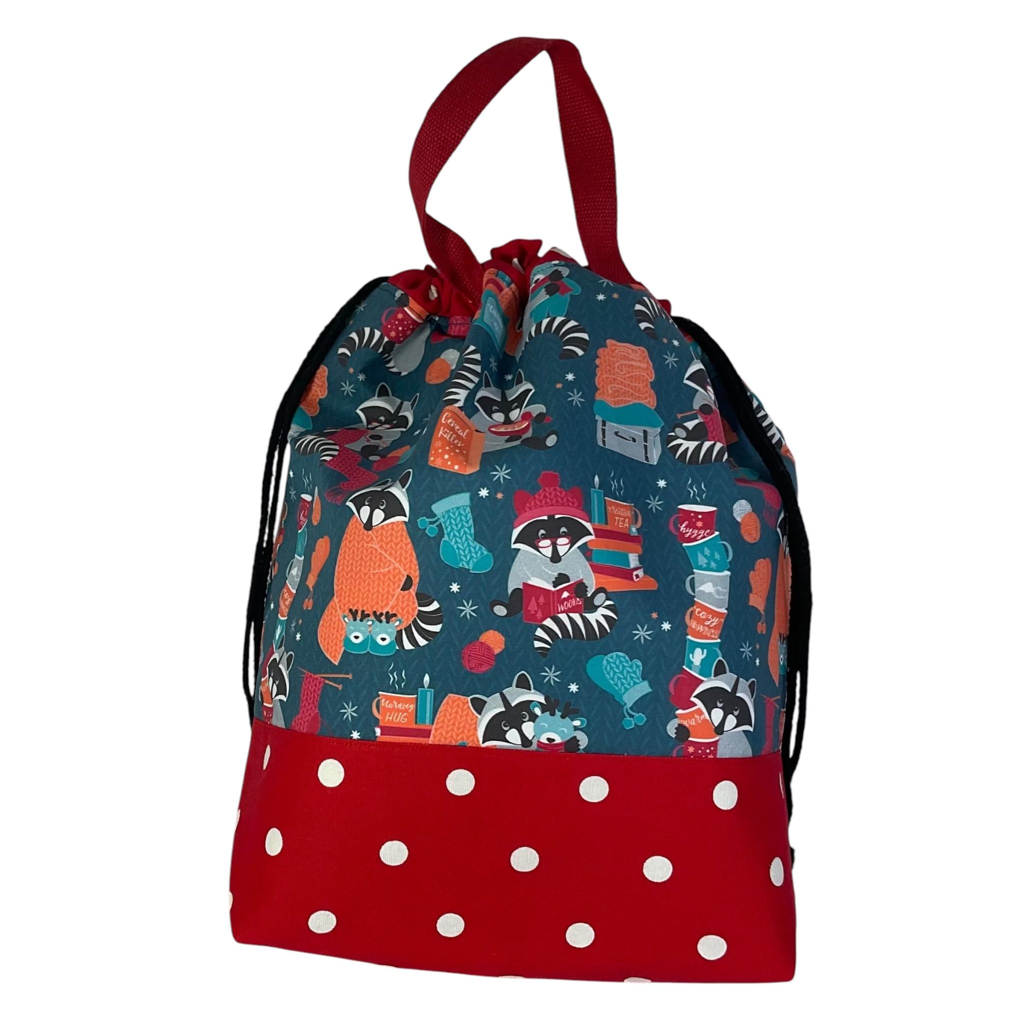 Extra Large drawstring knitting bag with Raccoons , multi pockets project bag with handles, raccoon gift