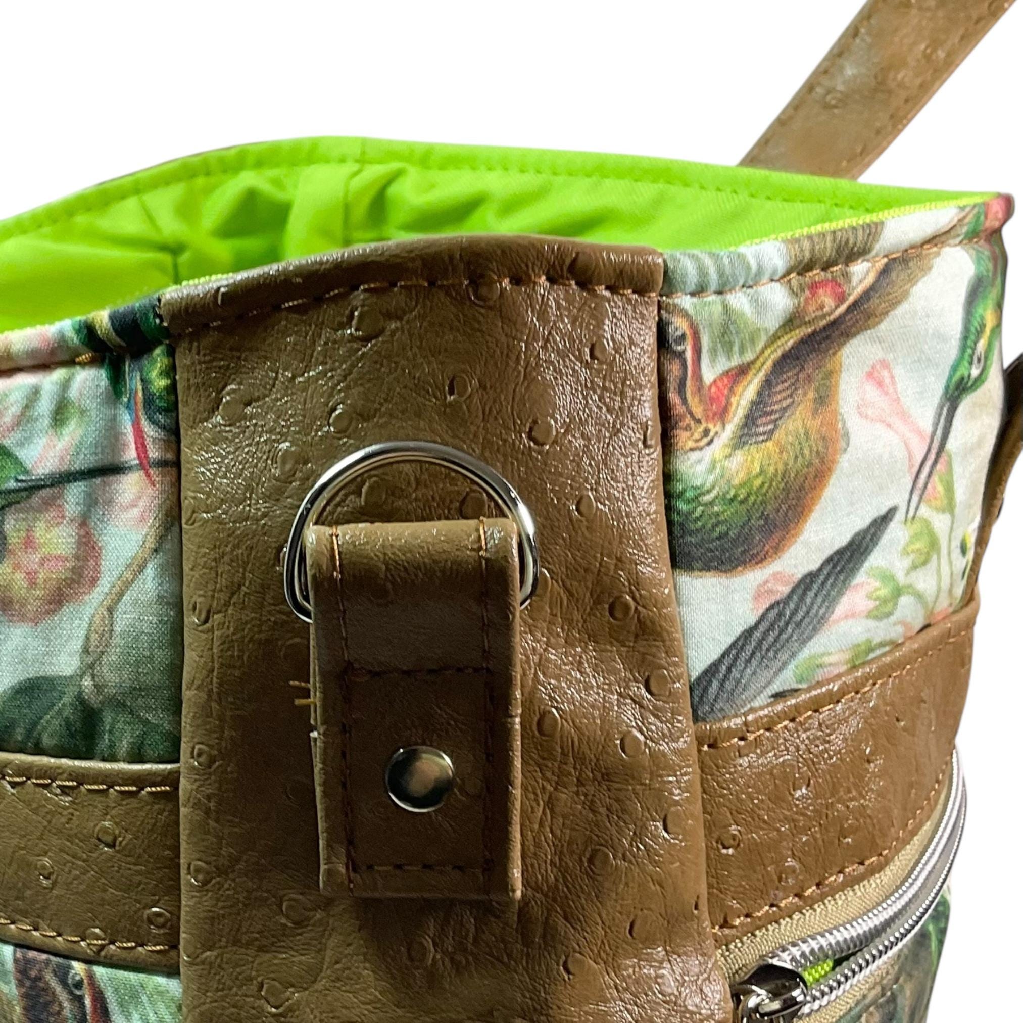Hummingbird Crossbody Handbag made in caramel shade faux leather, unique large shoulder tote, zip pocket, perfect ladies gift