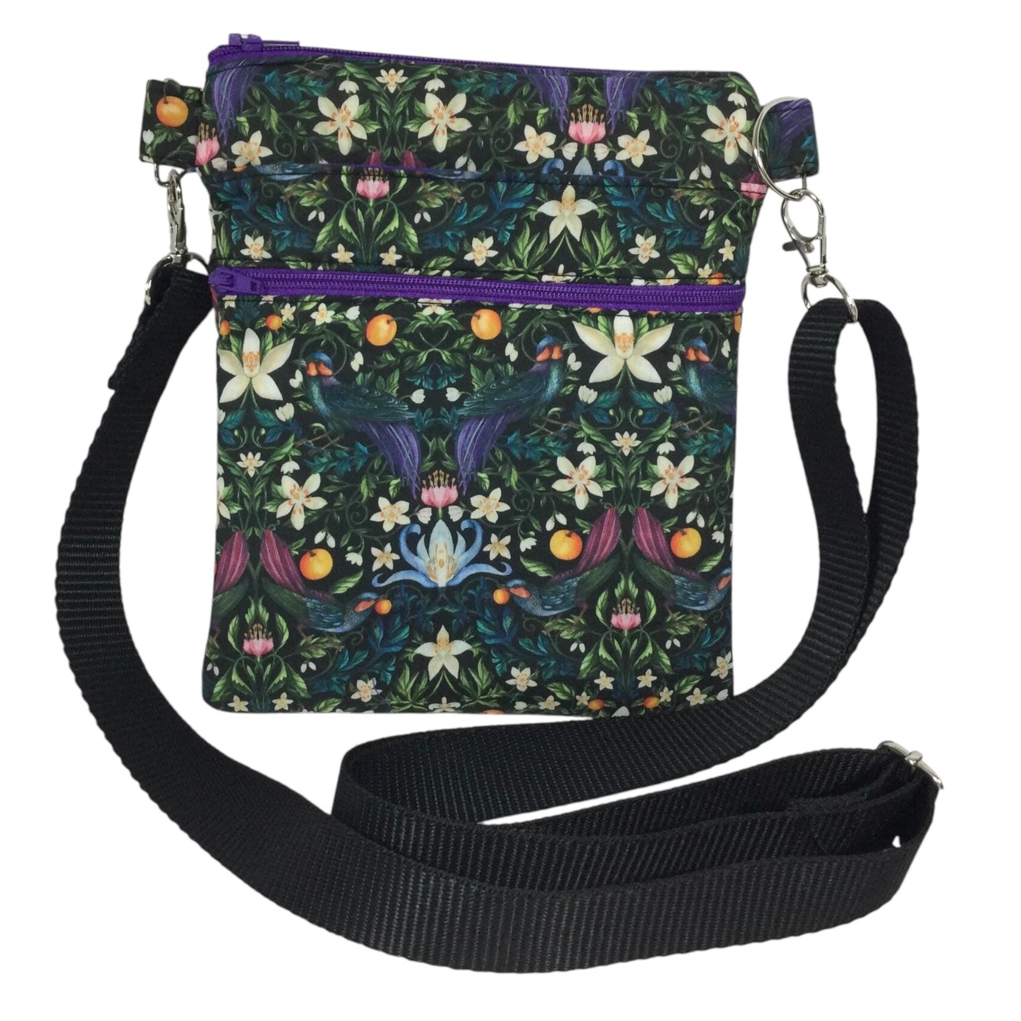 Liberty fabric slim phone shoulder bag with multi pockets, teen messenger style floral phone pouch, mini clutch bag, clubbing festival bag,
