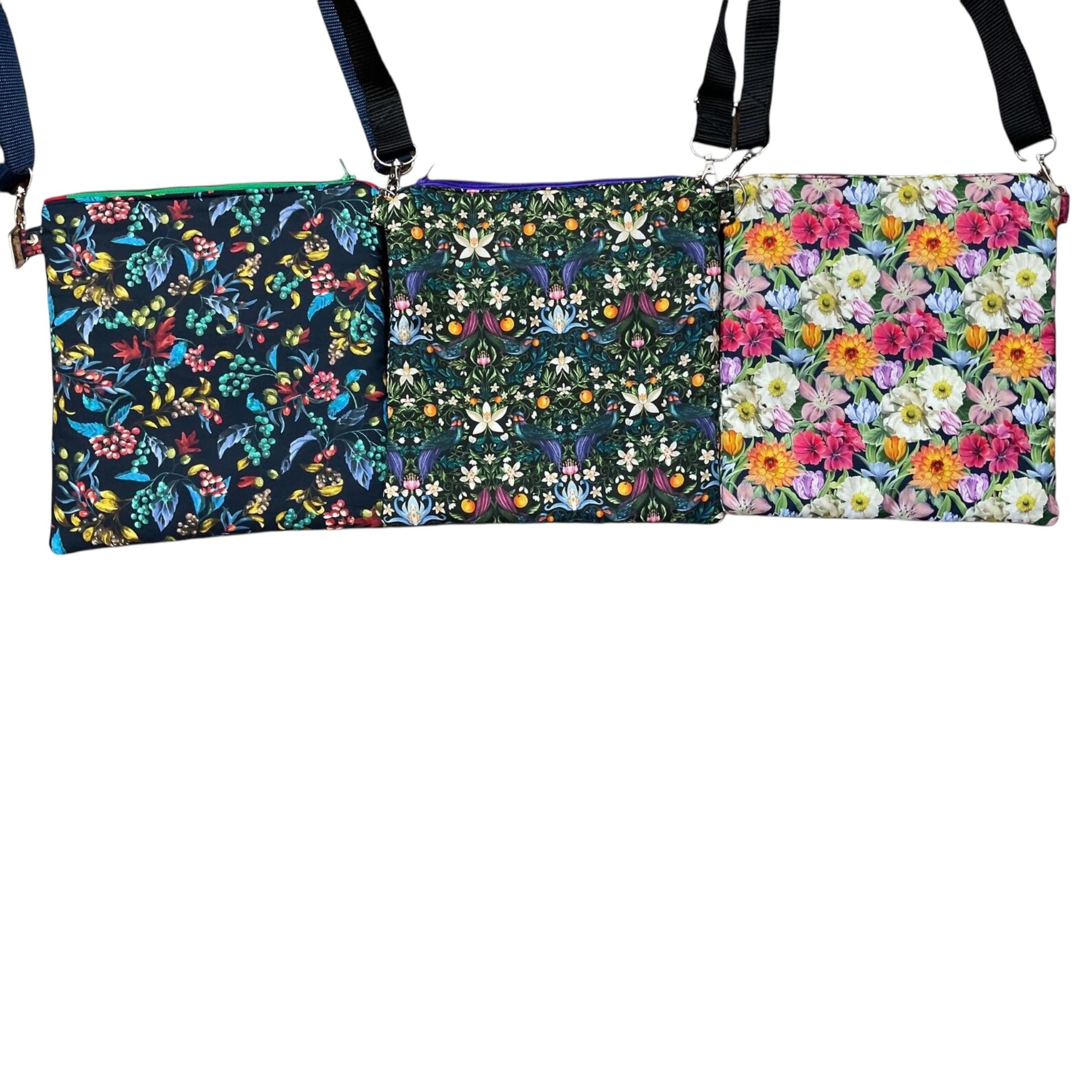 Liberty fabric slim shoulder bag with multi pockets, messenger style paisley  floral phone purse