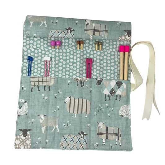 Straight knitting needle case with turquoise sheep