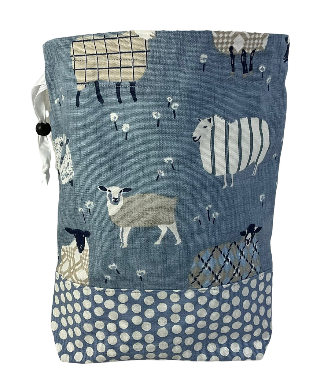 Two at a time knitting bag with tartan/plaid sheep, blue sock sack, drawstring divided, shoe, toiletries pouch, work in progress, WIP