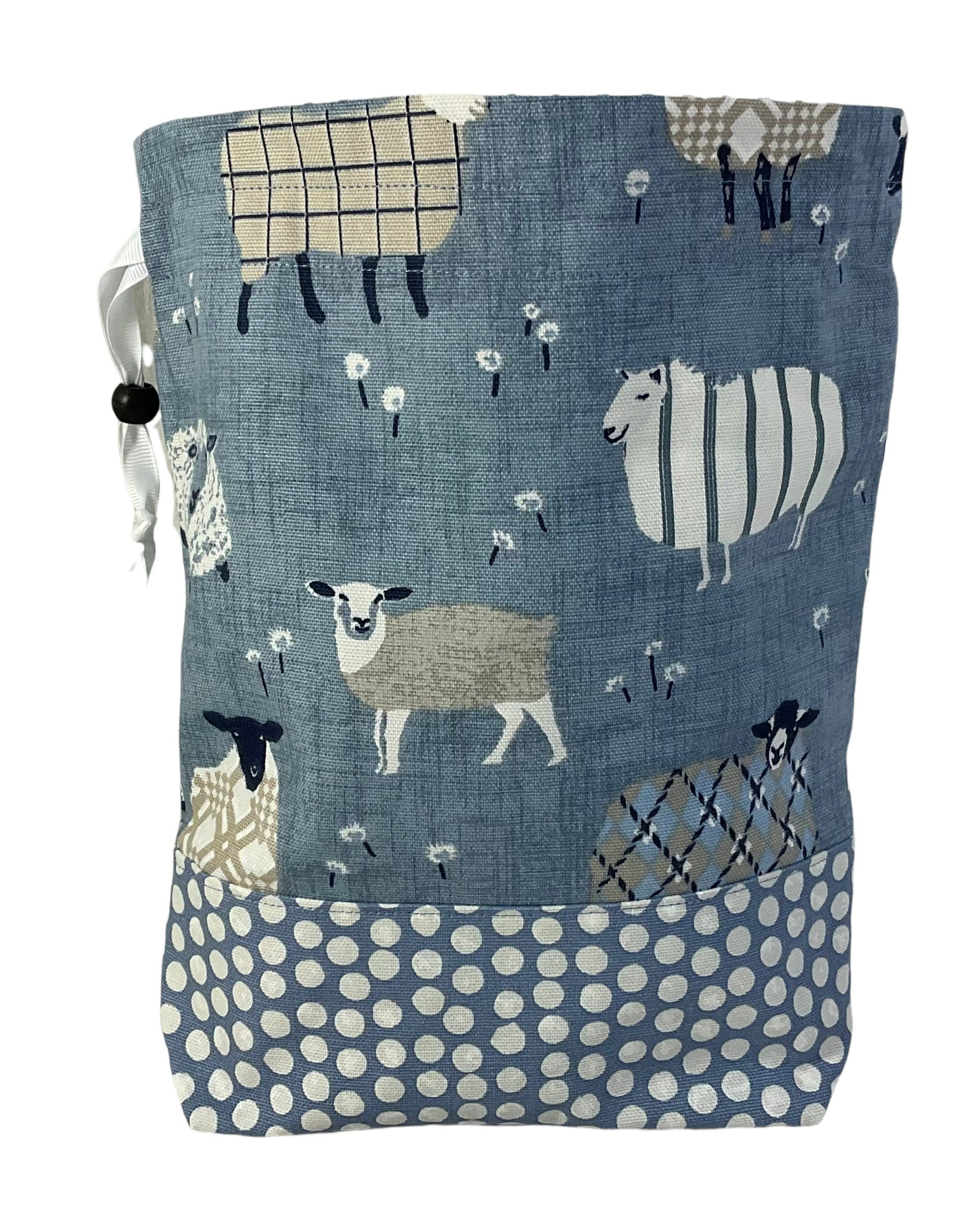 Two at a time knitting bag with tartan/plaid sheep, blue sock sack, drawstring divided, shoe, toiletries pouch, work in progress, WIP