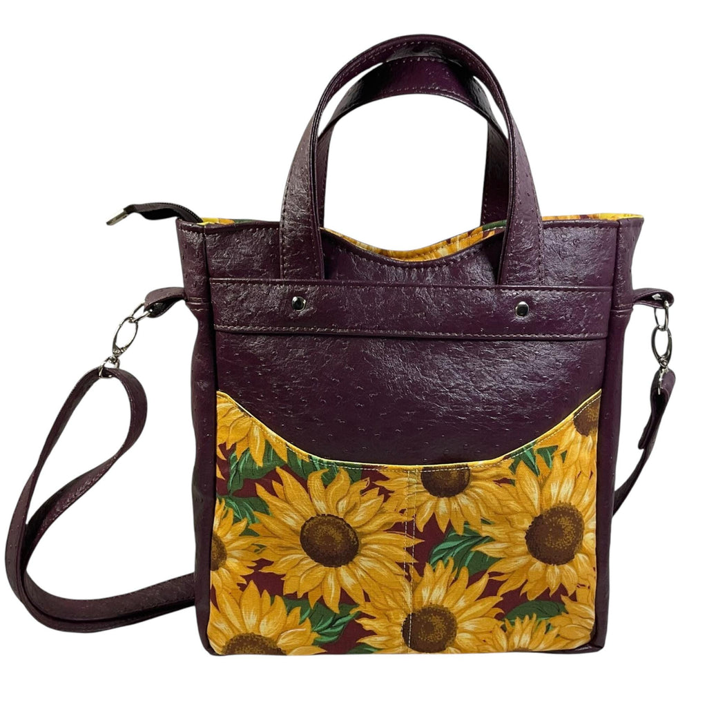 Handbag in faux leather and Sunflower floral print, vegan ladies gift, handles and crossbody strap bag, rectangular shoulder zip pouch,
