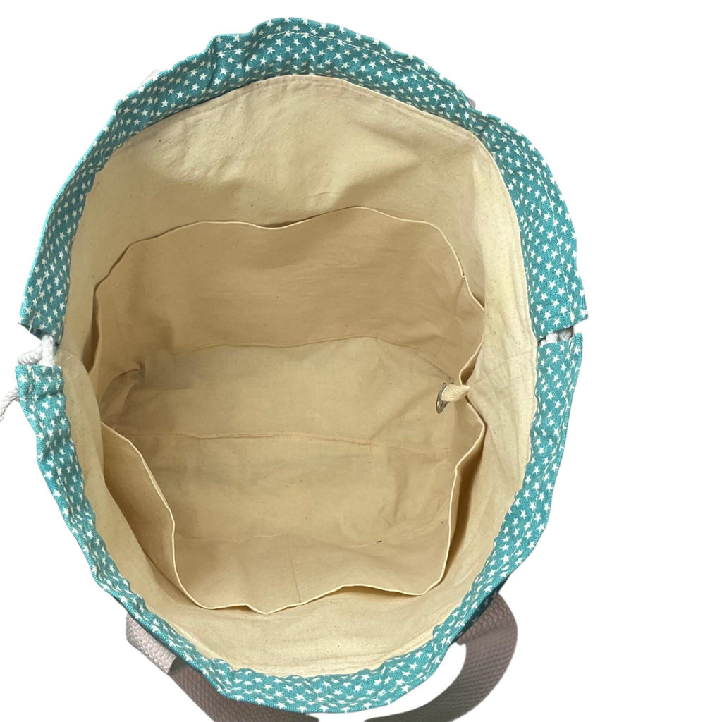 Extra Large canvas drawstring knitting bag with cats print, multi pockets project bag with handles