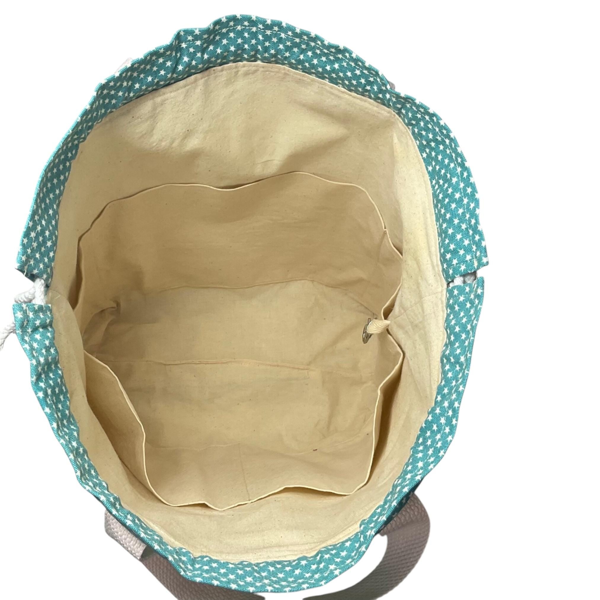 Extra Large canvas drawstring knitting bag with cats print, multi pockets project bag with handles