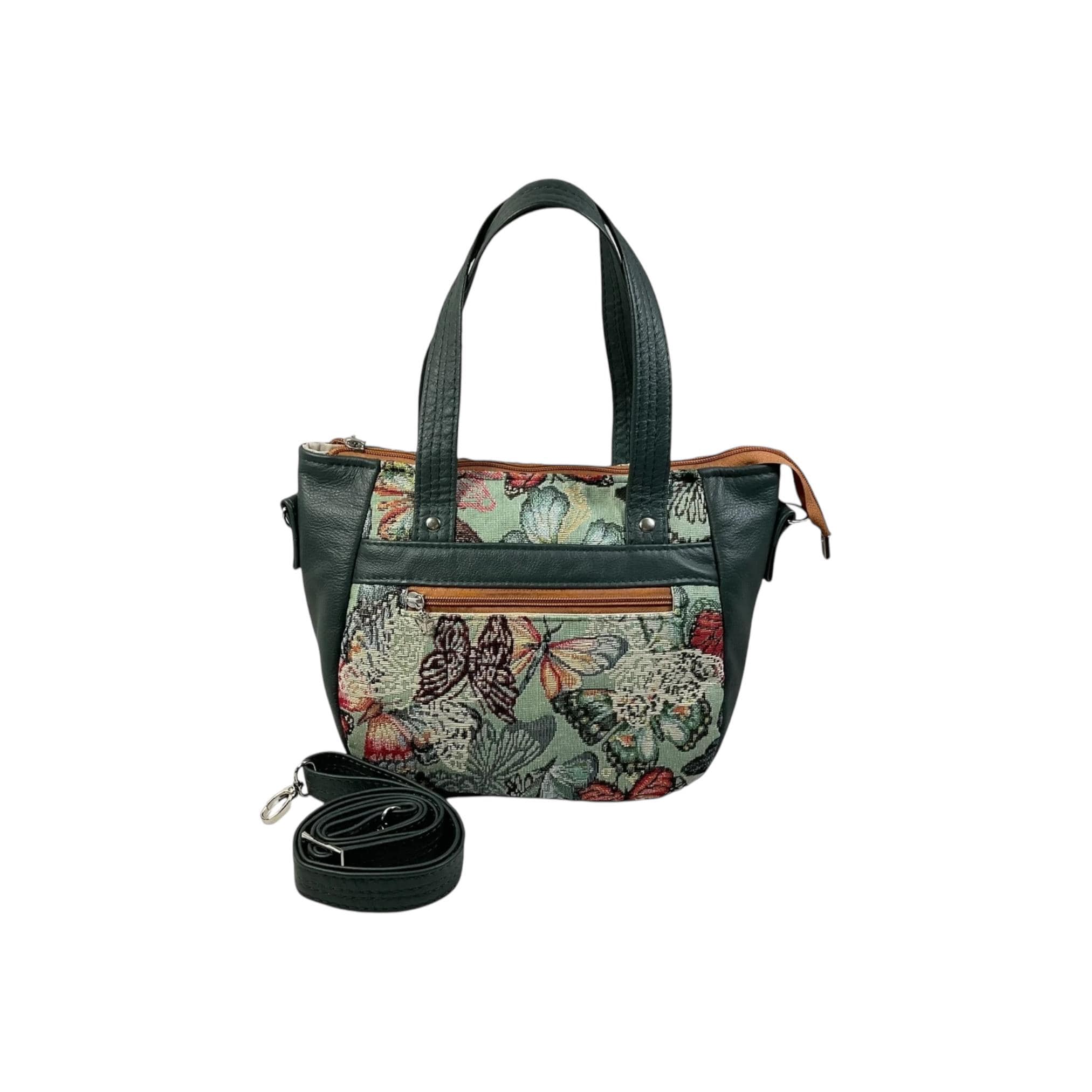 Crossbody Handbag in genuine Leather and butterfly print, unique one of a kind shoulder bag, zip pocket adjustable strap organiser