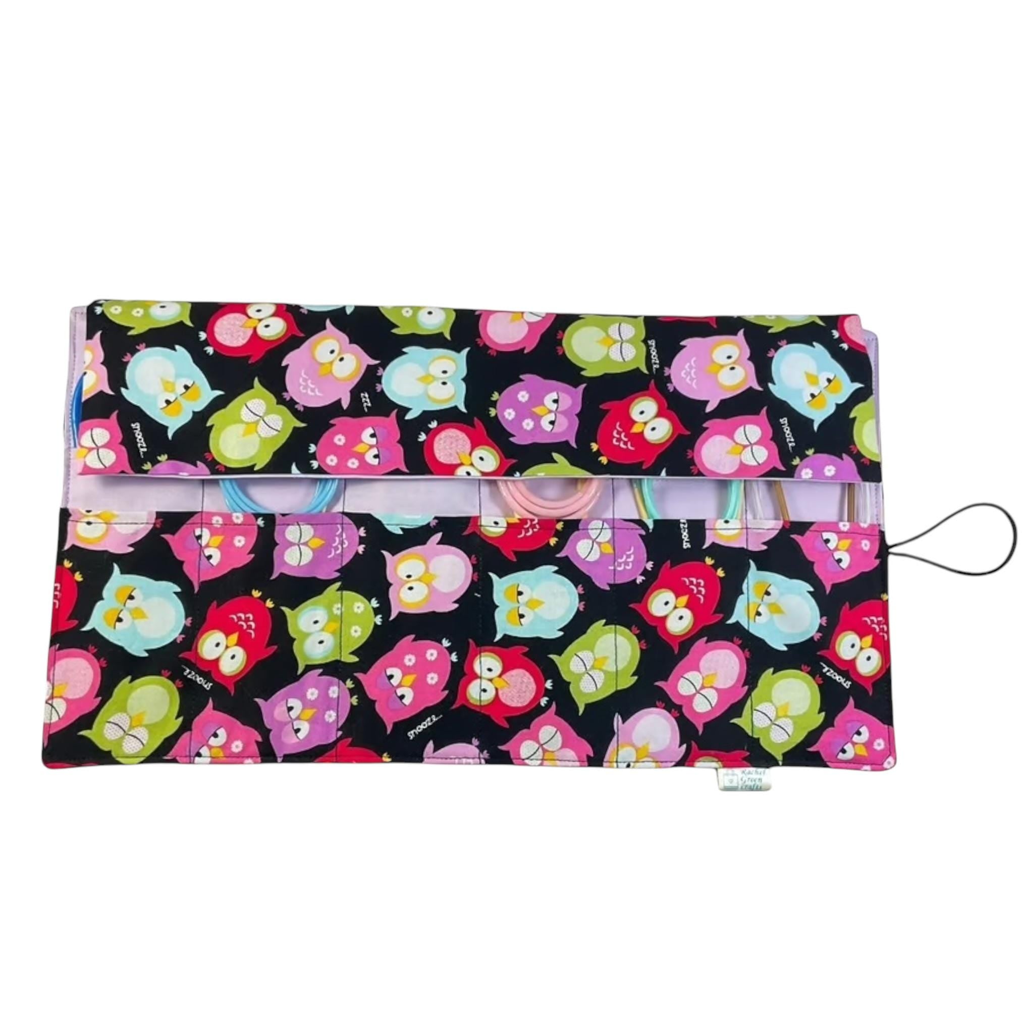 Circular needle case with owls,  fixed circular pouch, sock needle knitting roll, knitters gift, needle holder,