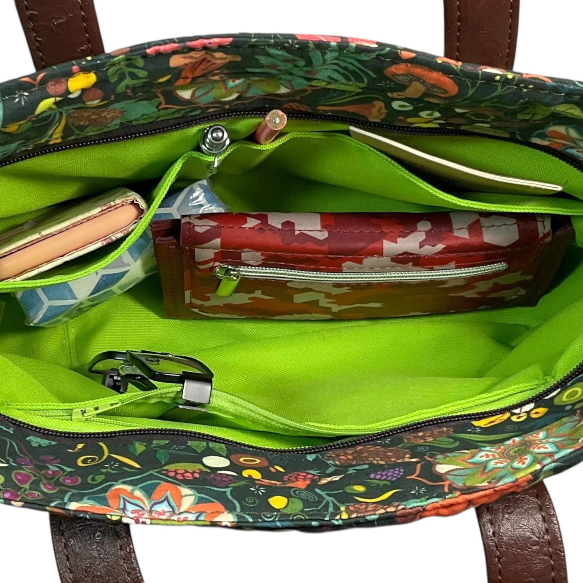 Crossbody Handbag in fox and squirrel print,  made in chocolate shade faux leather,  large woodland shoulder tote, zip pocket,  ladies gift