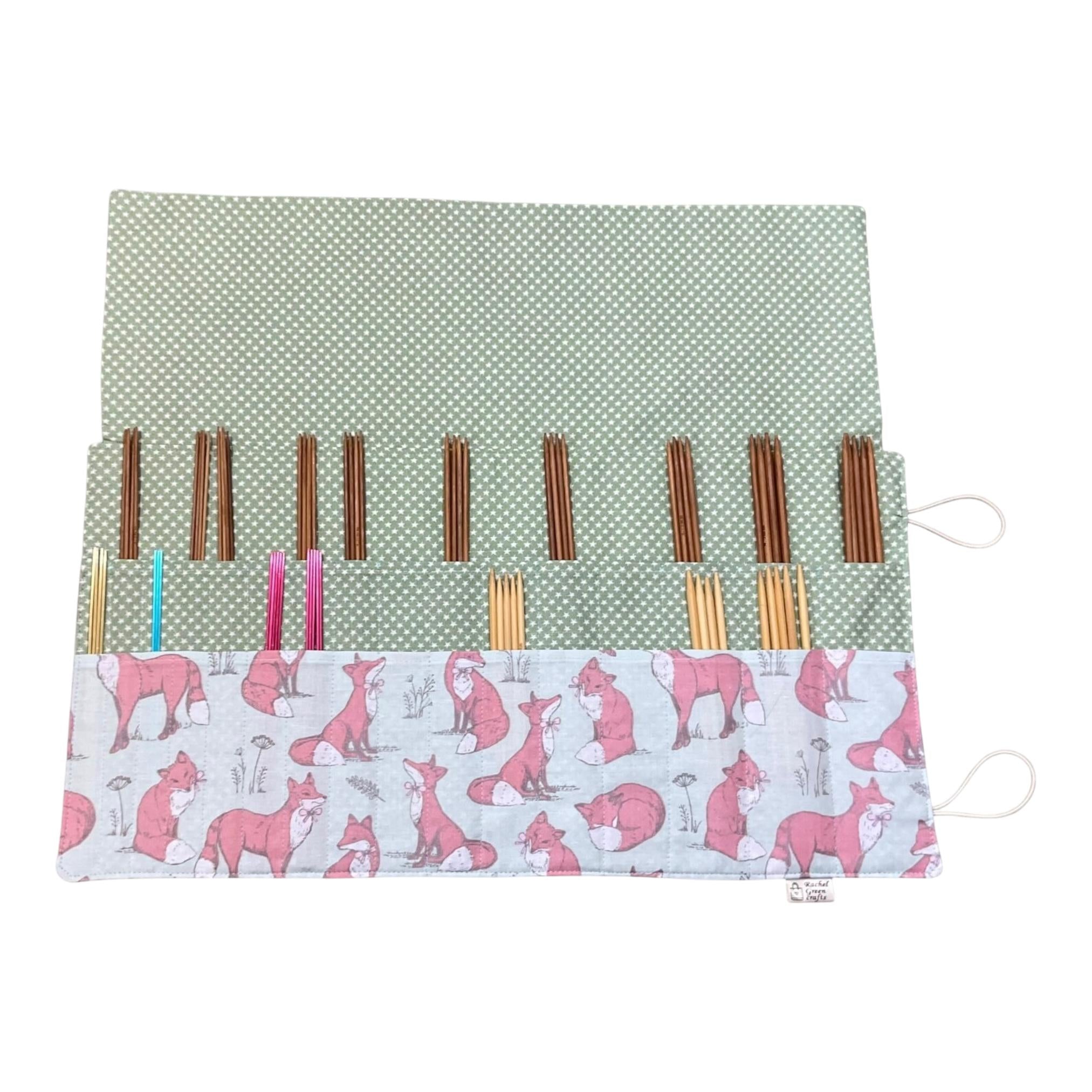 Double pointed knitting needle case with foxes,  DPN or crochet hook case, sock knitters gift,