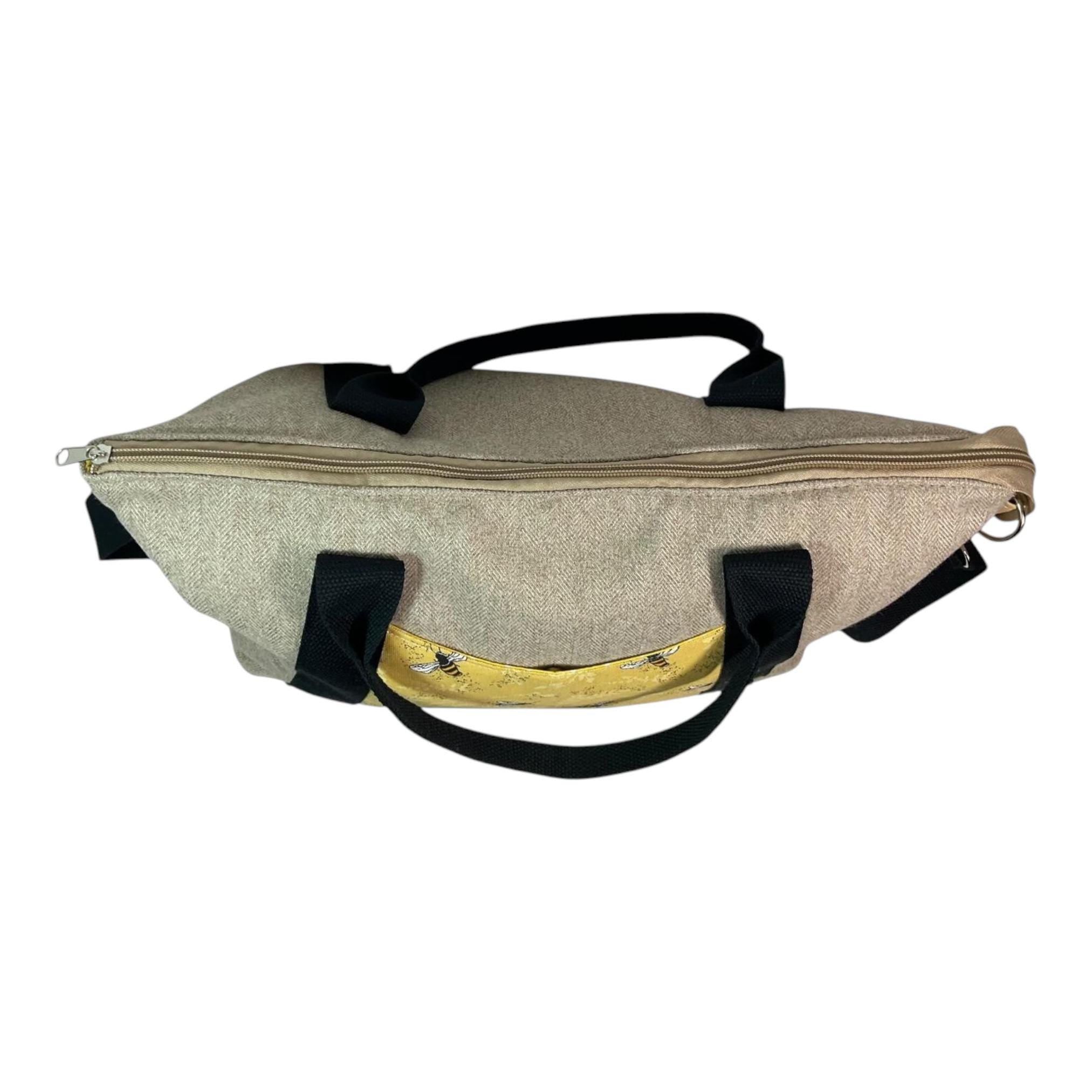 Knitting and crochet tote bag with zip top, large bee organiser crossbody bag