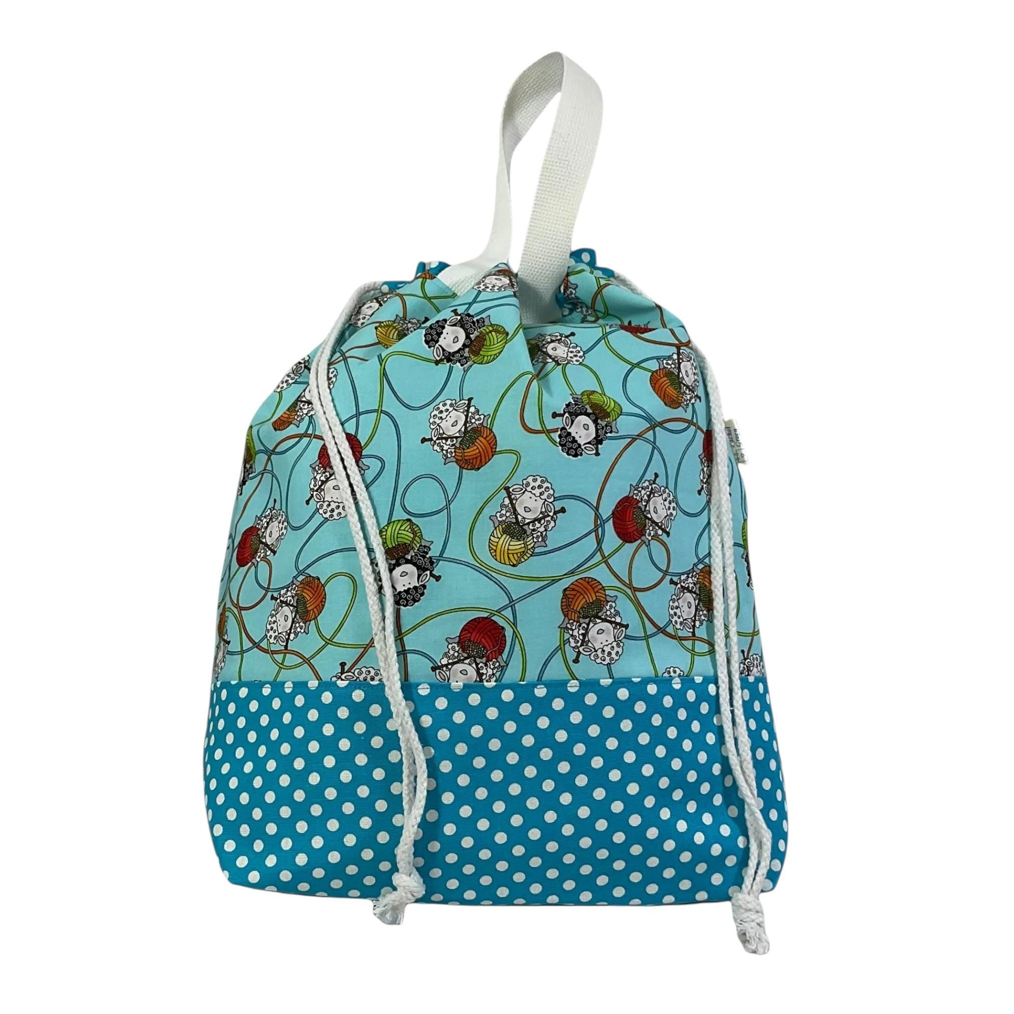 Extra Large drawstring knitting bag with sheep print, multi pockets project bag with handles