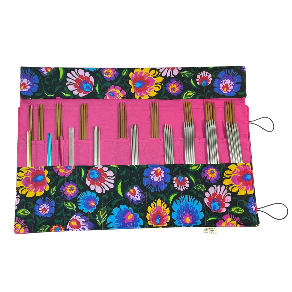 Double pointed floral knitting needle case, sock needle roll,  organiser, knitters gift