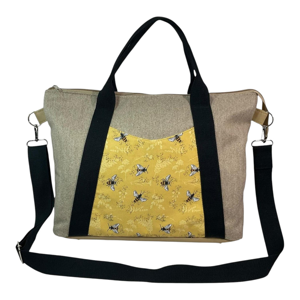 Knitting and crochet tote bag with zip top, large bee organiser crossbody bag