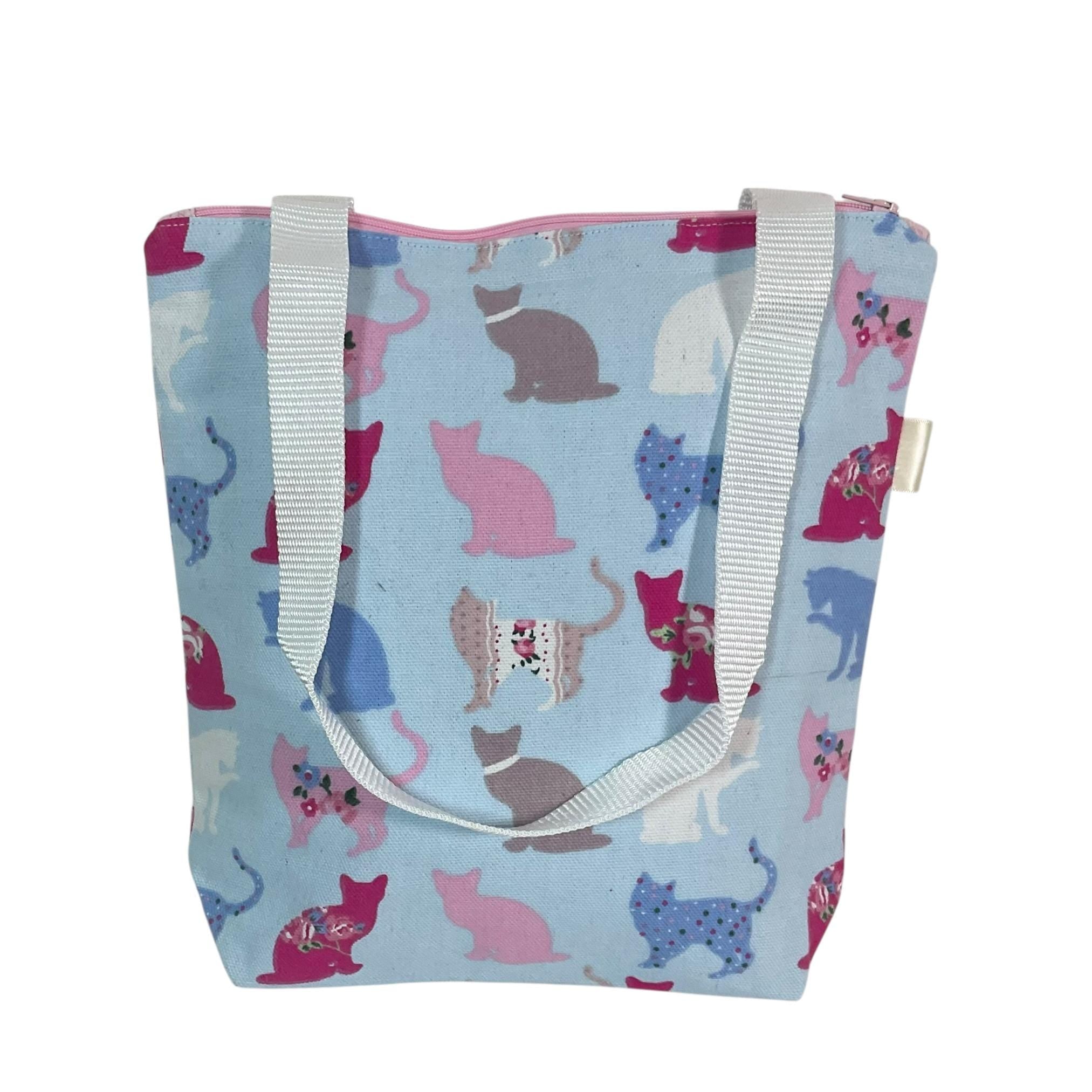 Small cats canvas tote bag with zip closure, cotton book purse, bag with pockets  for cat lover, gift for girls
