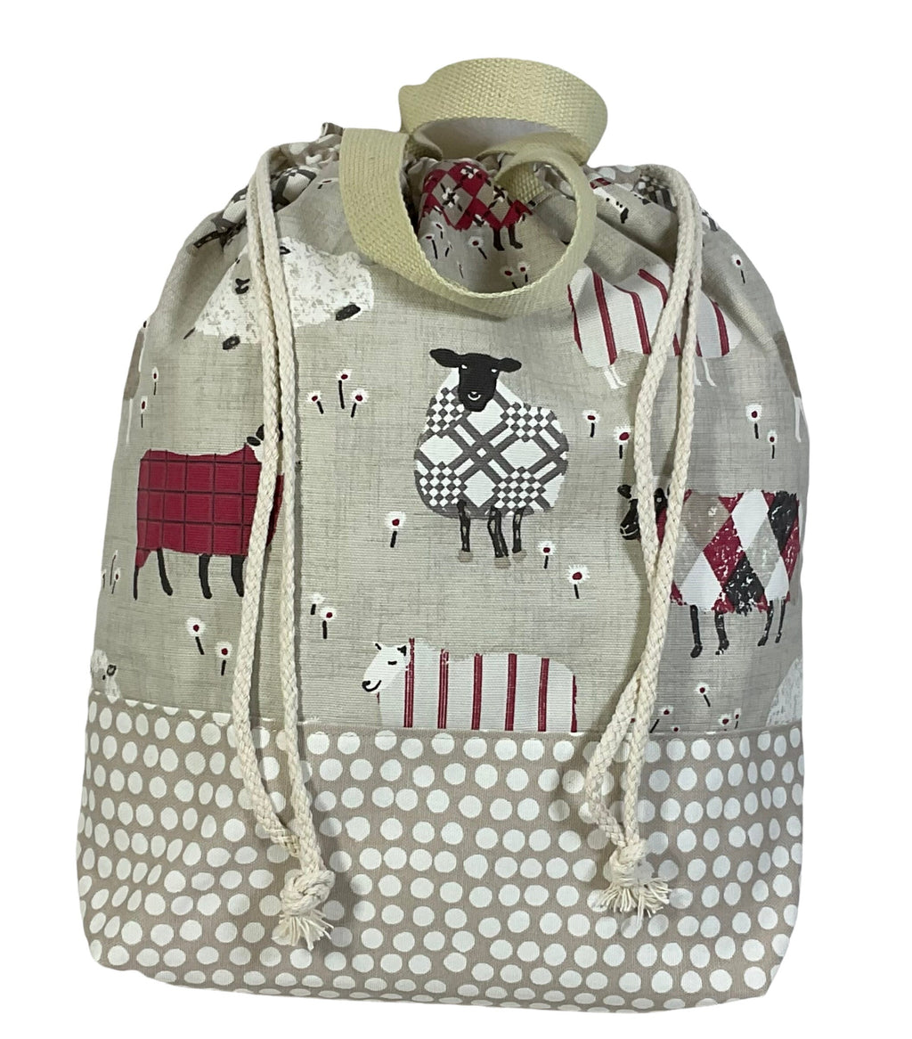 two at a time knitting bag with sheep, extra large sock sack, drawstring divided shoe bag, crochet craft bag, work in progress bag , WIP bag