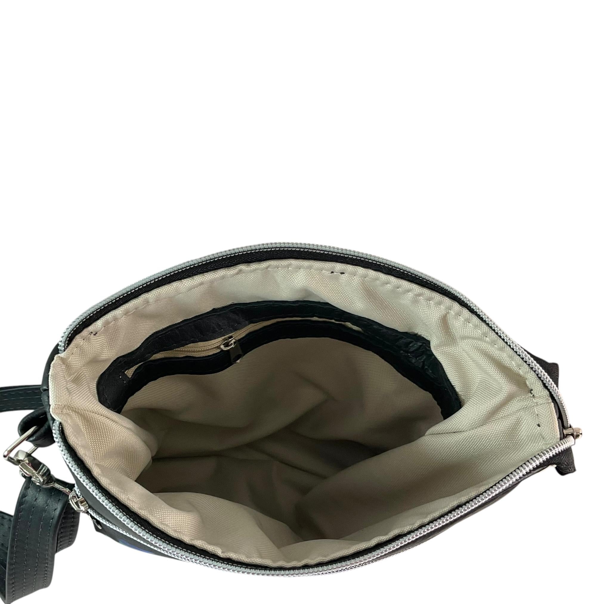 Leather Crossbody Bag: Green Cat Print Canvas, Handmade