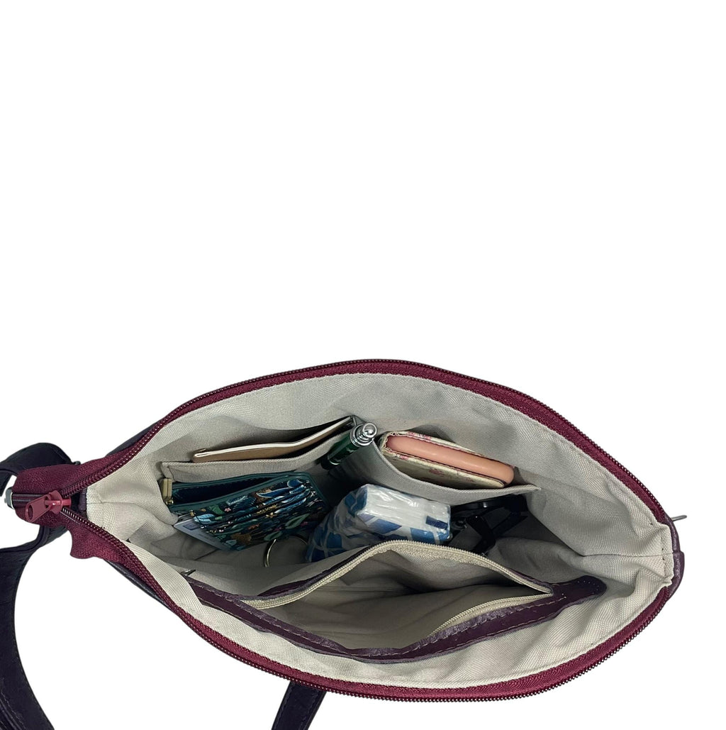 Handbag in faux Leather and floral bramble fabric, raspberry and blackberry fuit medium sized zip top shoulder crossbody