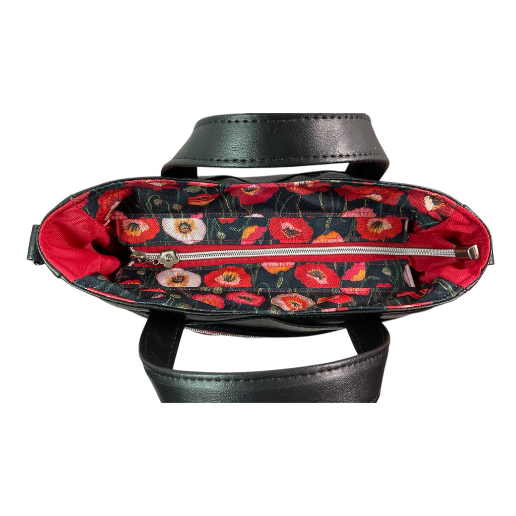 Handbag in faux leather and poppies floral print, vegan ladies gift, handles and crossbody strap bag, rectangular shoulder zip tote