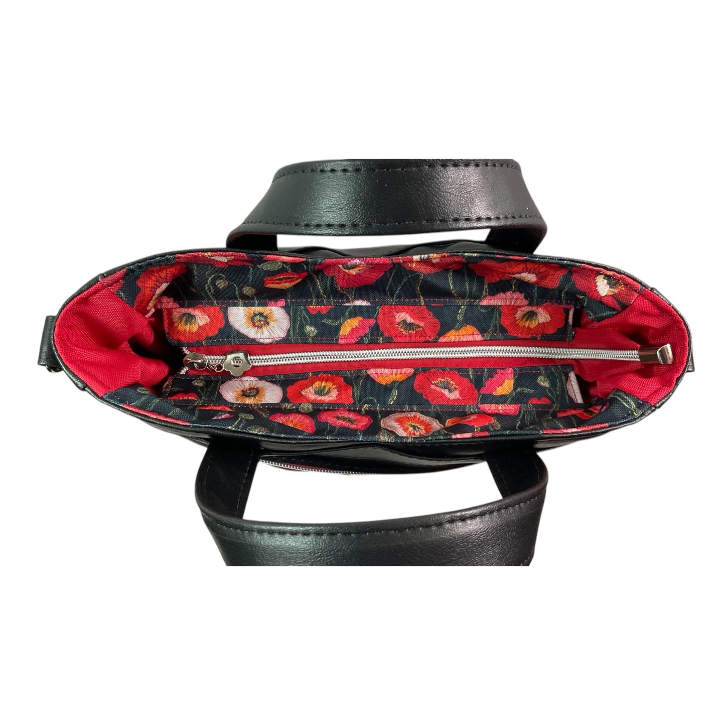 Handbag in faux leather and poppies floral print