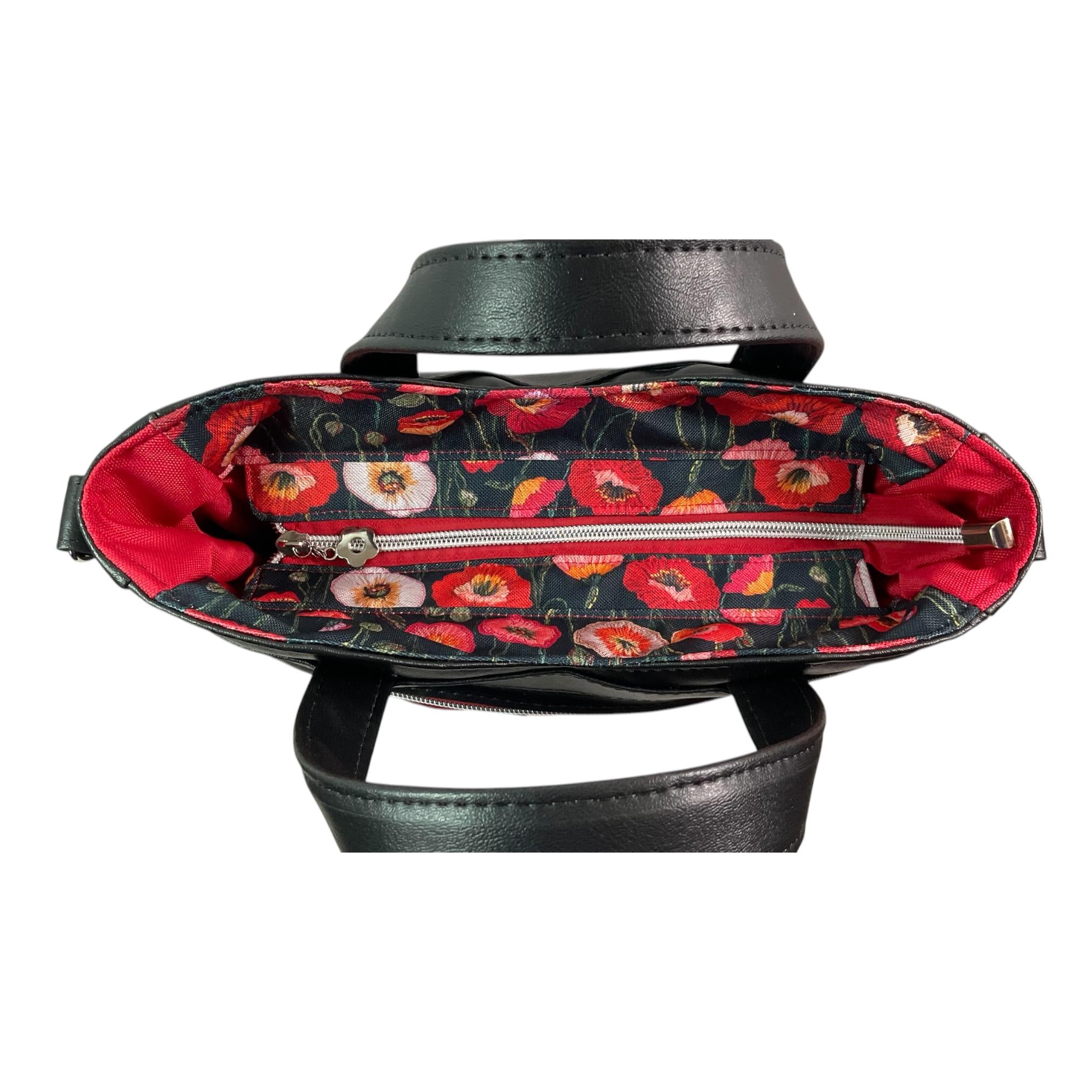 Handbag in faux leather and poppies floral print, vegan ladies gift, handles and crossbody strap bag, rectangular shoulder zip tote
