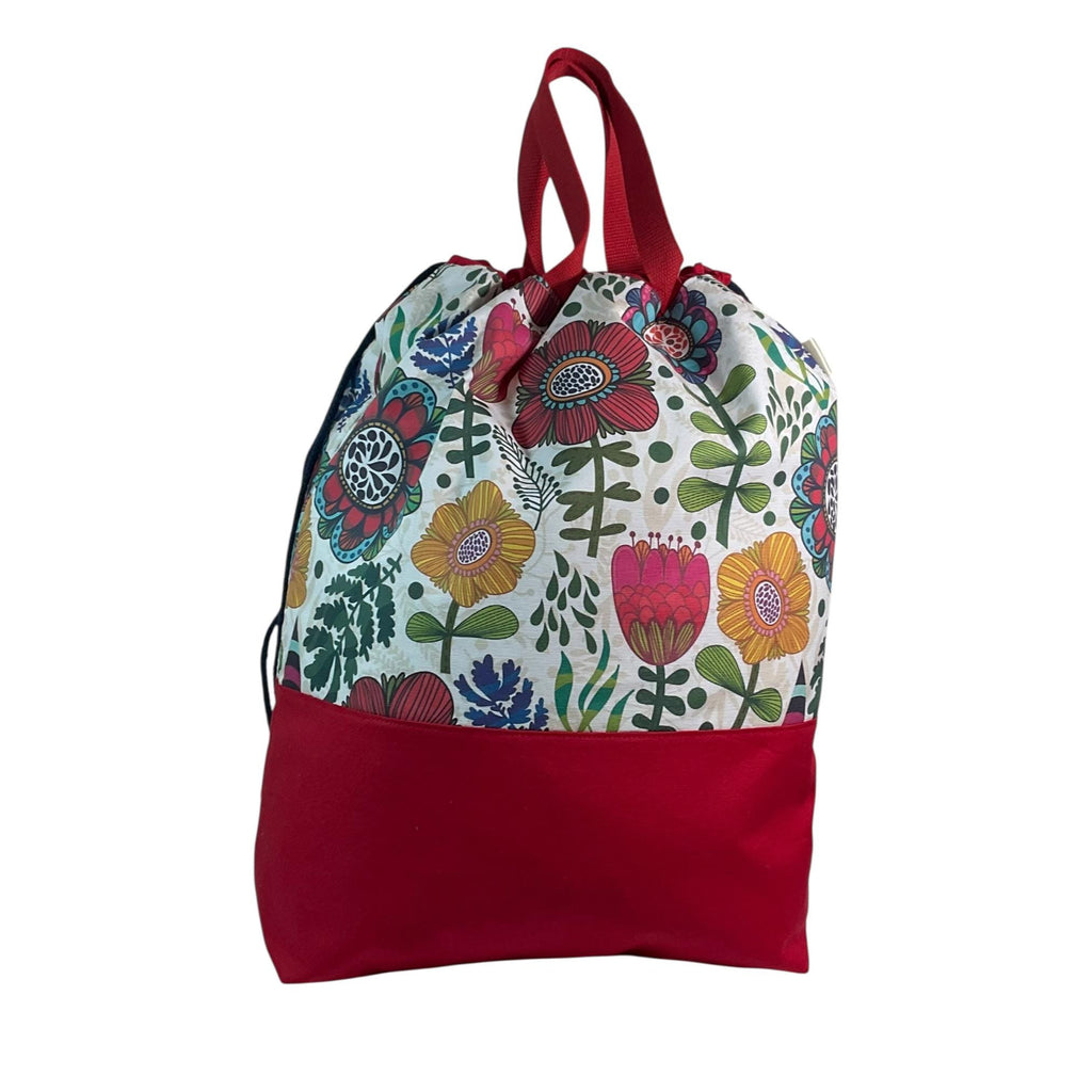 XXL  drawstring knitting bag with bright floral print, supersized multi pockets project bag with handles, flower lovers knitters gift