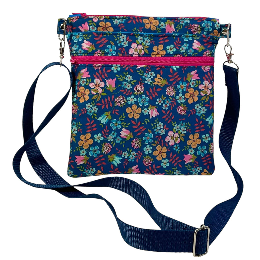 Liberty fabric slim shoulder bag with multi pockets, messenger style paisley  floral phone purse
