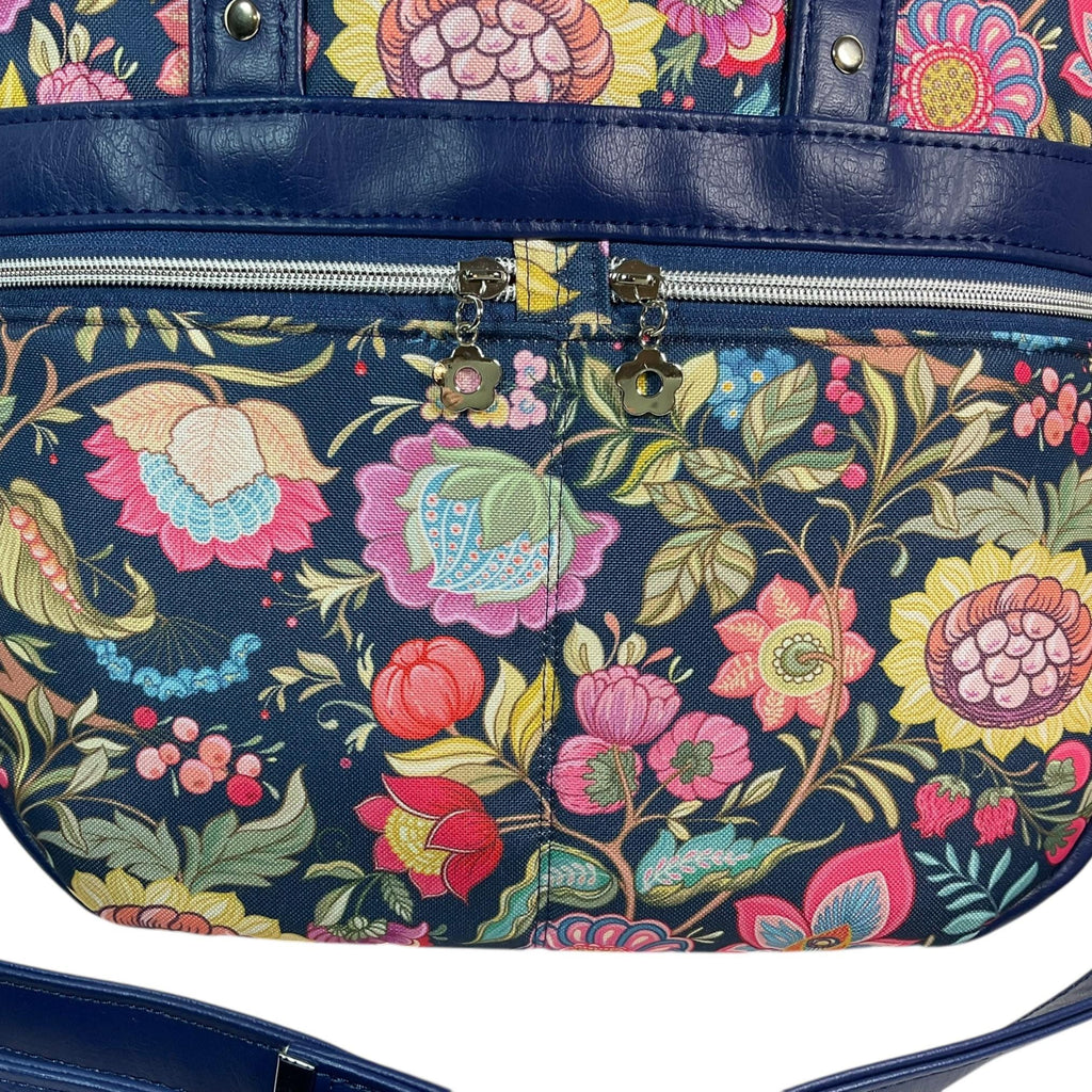 Crossbody Handbag with floral bird print, made in blue shade faux leather, unique large woodland shoulder tote, zip pocket,  ladies gift