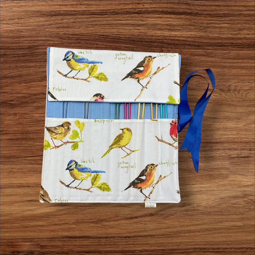 Straight knitting needle case with birds, ribbon tie needle roll storage,  knitters gift accessories, needle organiser
