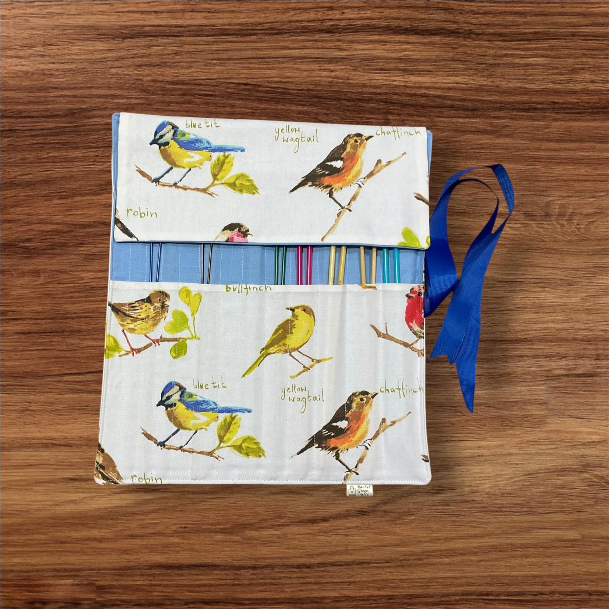 Straight knitting needle case with birds, ribbon tie needle roll storage,  knitters gift accessories, needle organiser