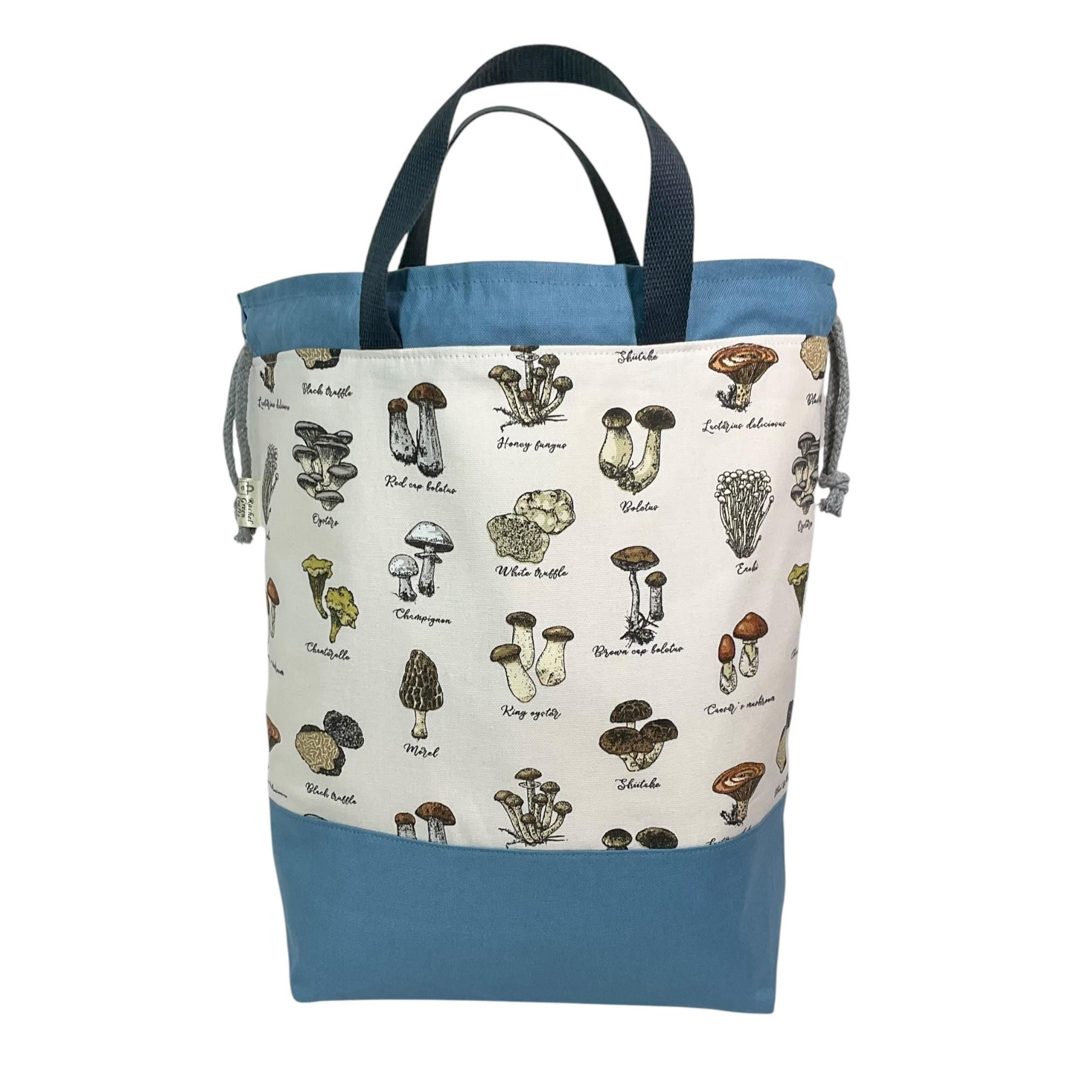Extra Large drawstring knitting bag with mushroom and toadstool print, multi pockets cottage core project bag with handles