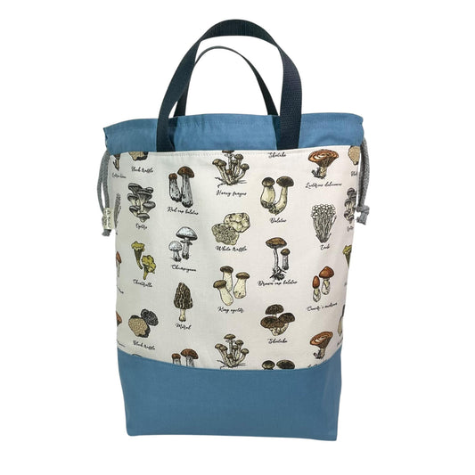 Extra Large drawstring knitting bag with mushroom and toadstool print