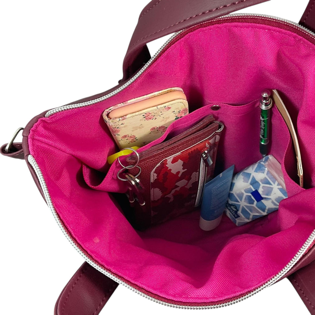 Handbag in faux Leather and bird  print  fabric, medium tote style zip top shoulder crossbody with carry handles