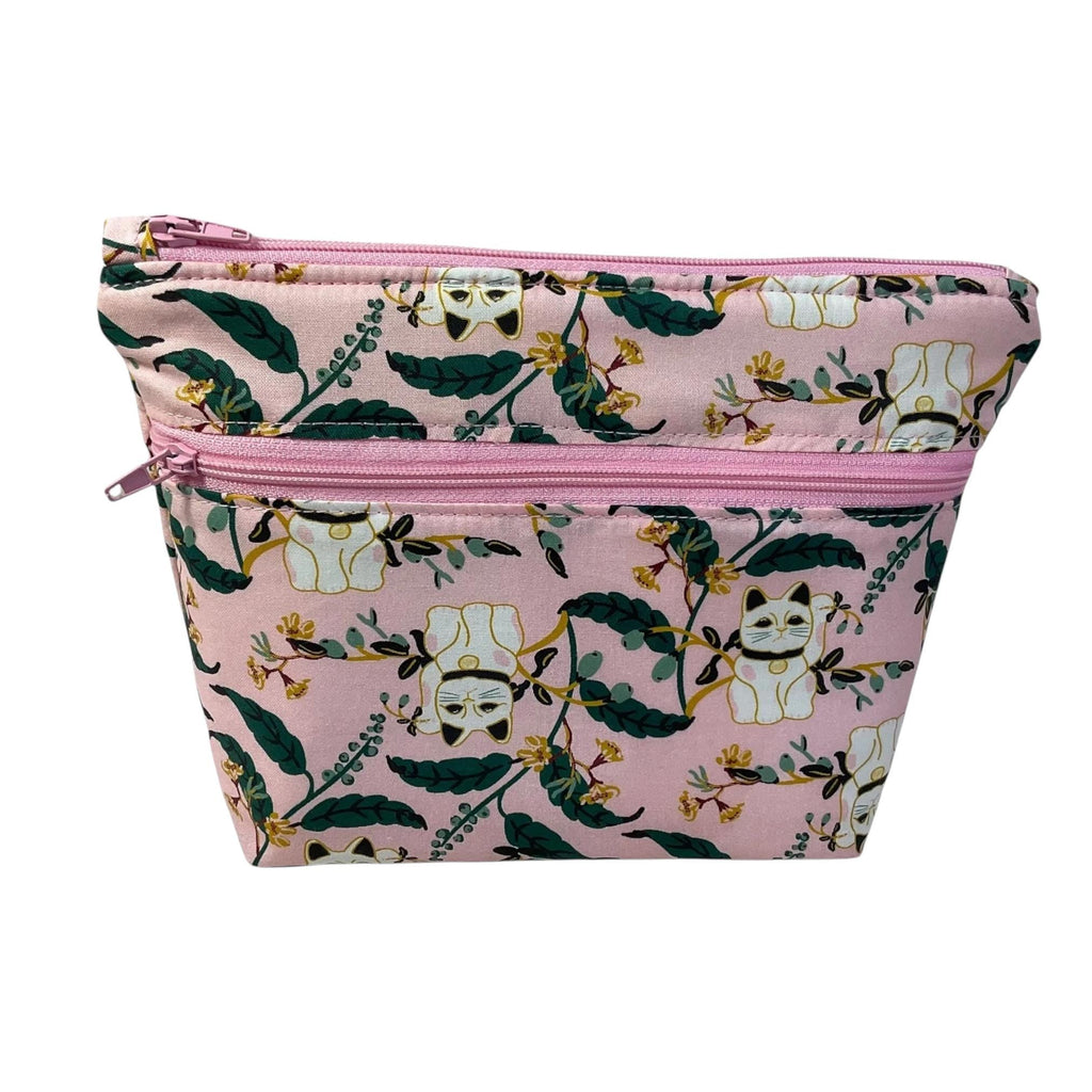 Cosmetics bag with cat print and 2 pockets,  makeup pouch, water resistant case, notions zipper pouch, cat lover gift
