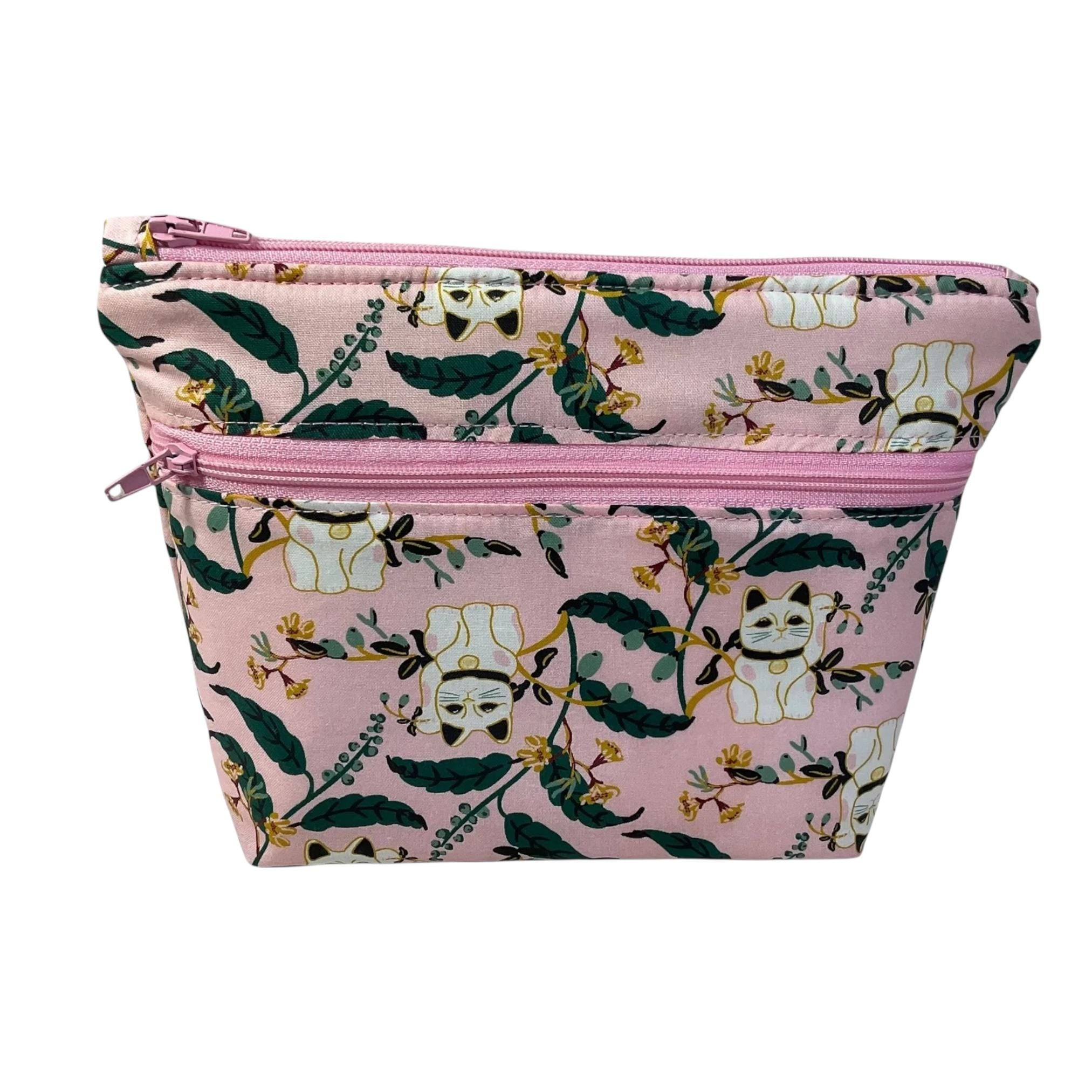 Cosmetics bag with cat print and 2 pockets,  makeup pouch, water resistant case, notions zipper pouch, cat lover gift