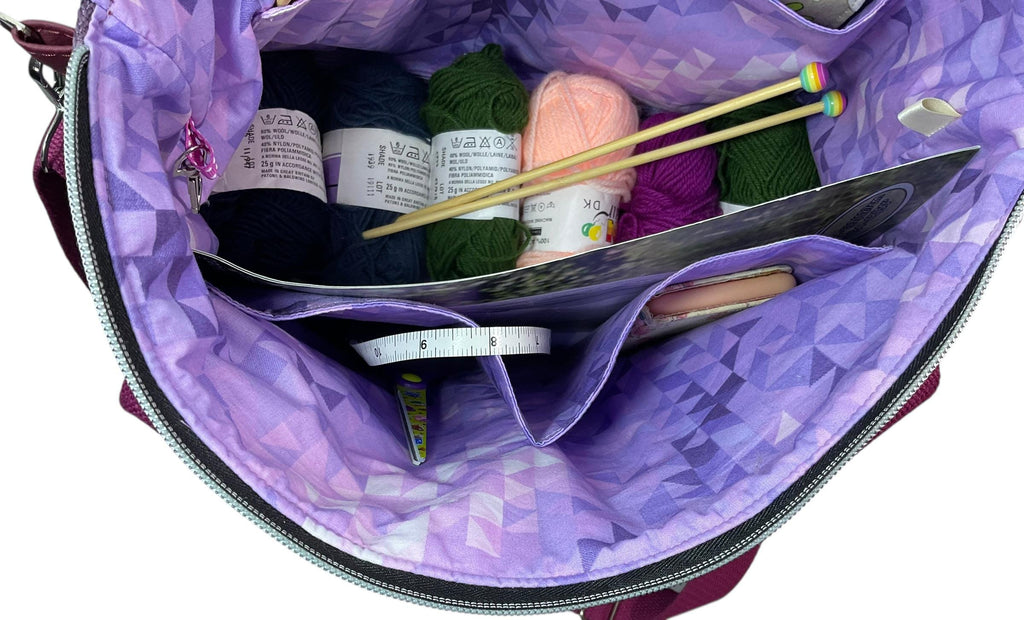 Knitting and crochet tote bag with zip top, large llamas organiser crossbody bag