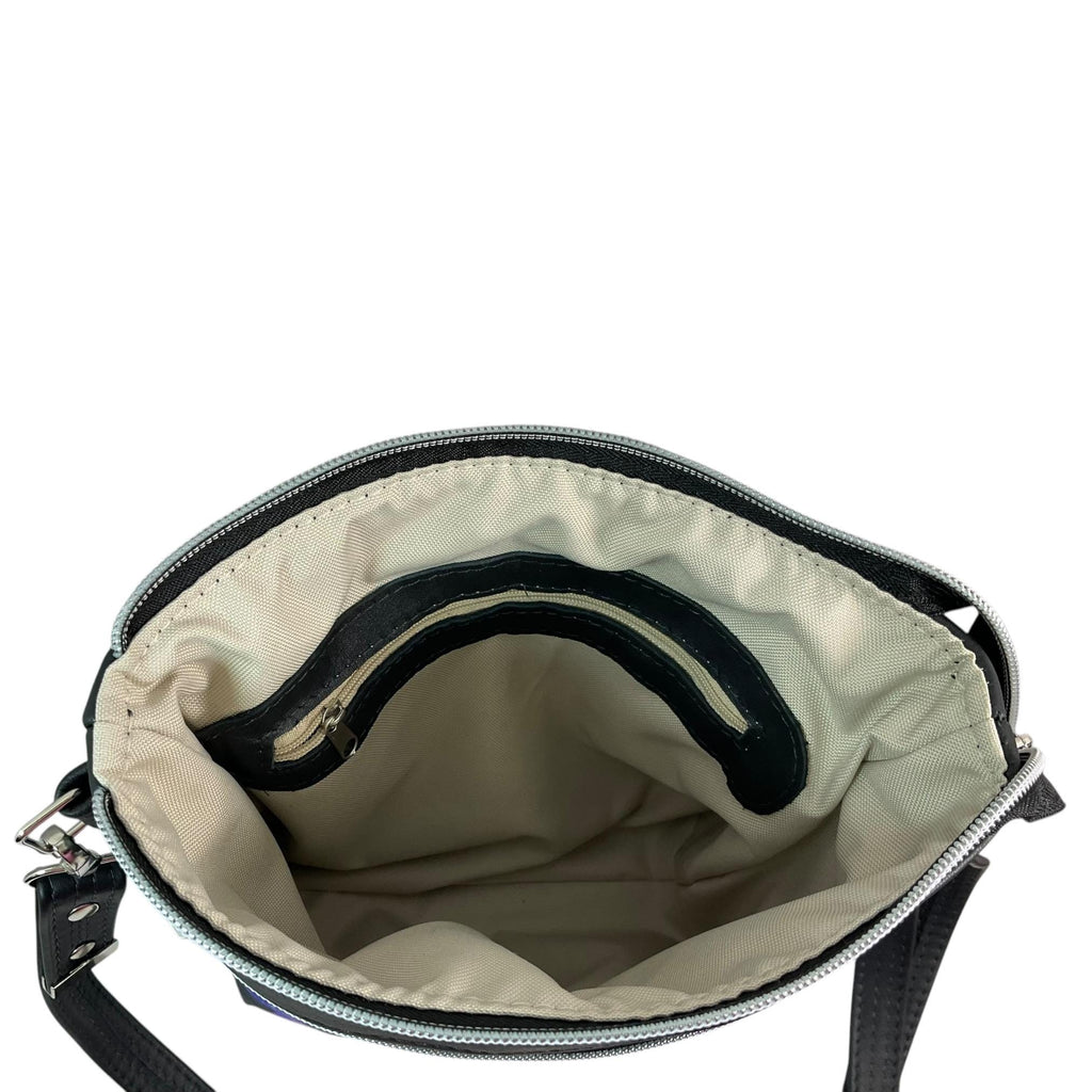 Handbag in genuine Leather and purple cat print water resistant canvas, medium sized zip top