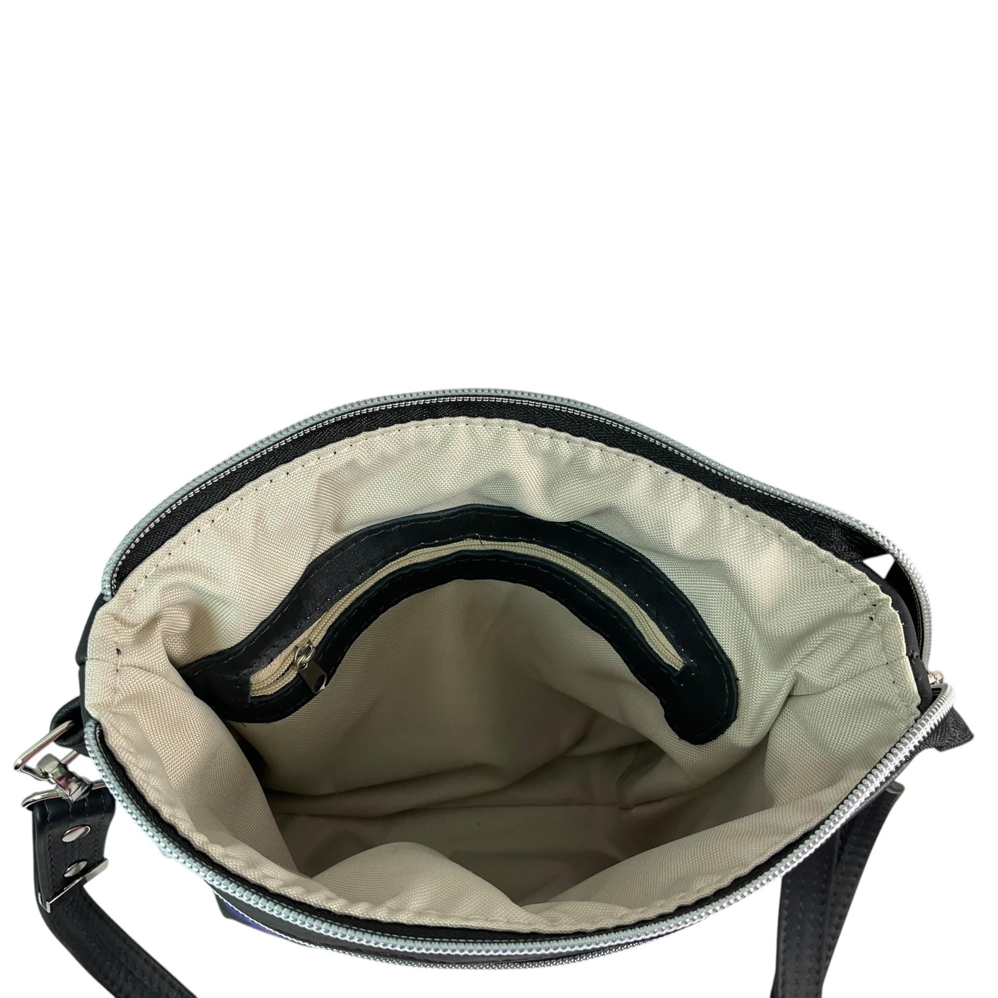 Handbag in genuine Leather and purple cat print water resistant canvas, medium sized zip top