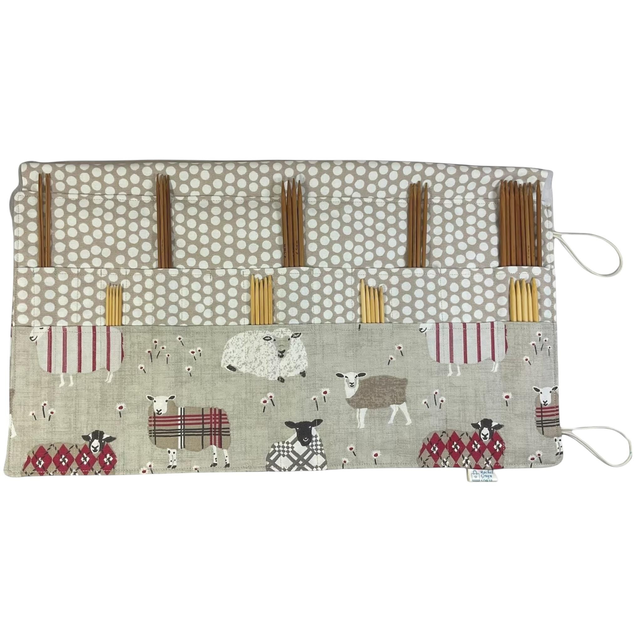 Double pointed knitting needle case with natural and red sheep,  DPN or crochet hook case, sock knitters gift,