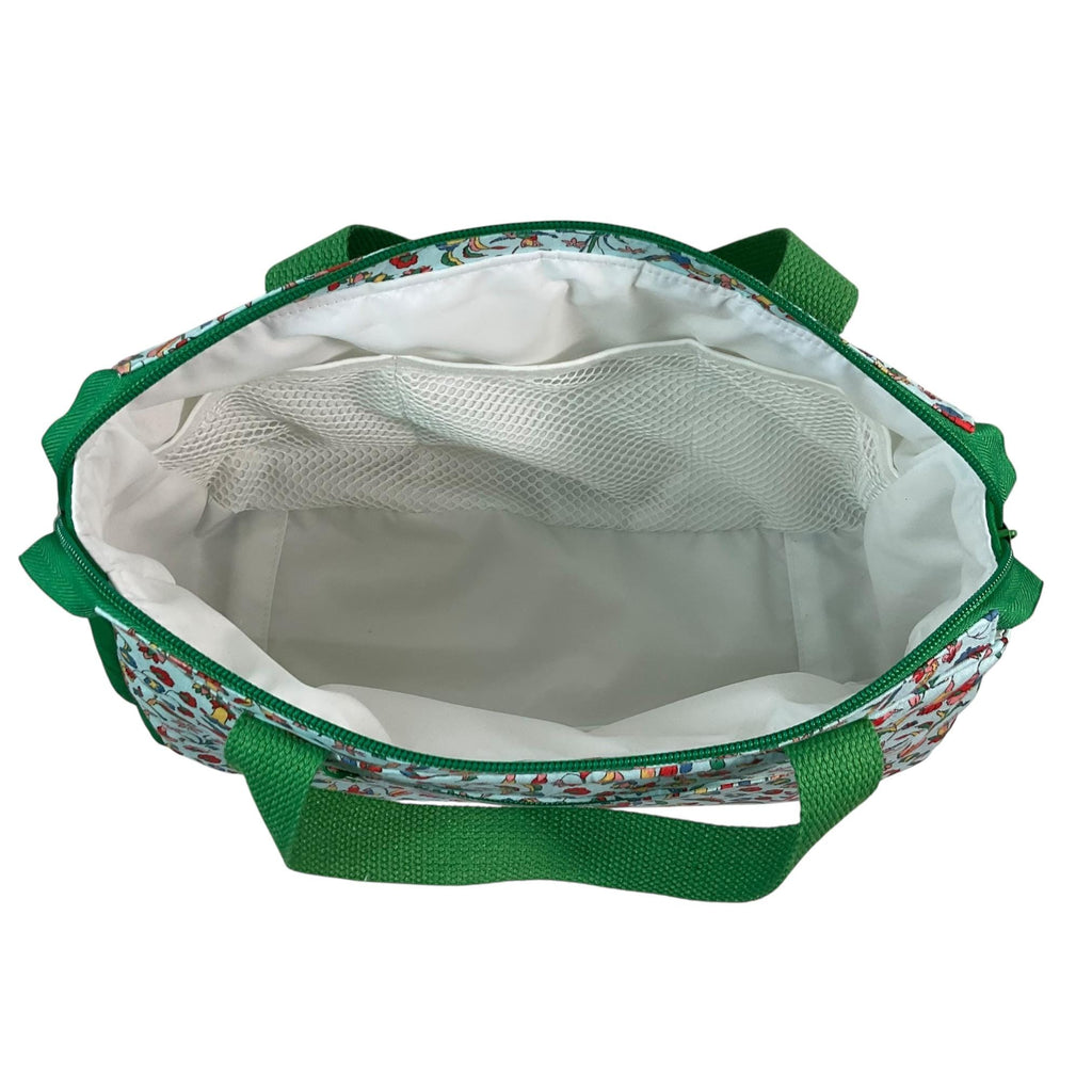 large toiletries bag made from  Liberty fabric, with handles and pockets in and outside, bird Waterproof lined wash pouch, ladies gift