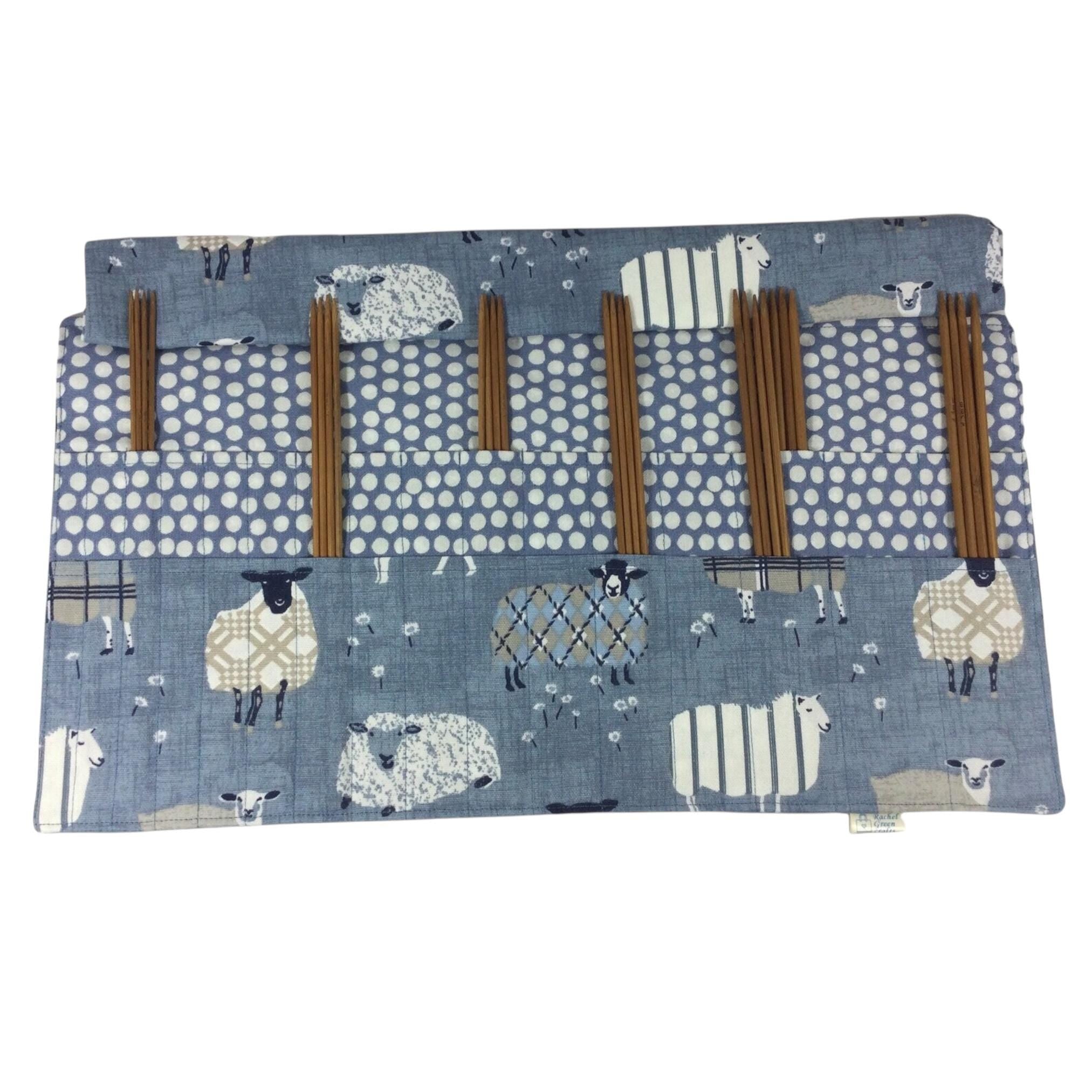 Double pointed knitting needle case with denim blue sheep,  DPN or crochet hook case, sock knitters gift,