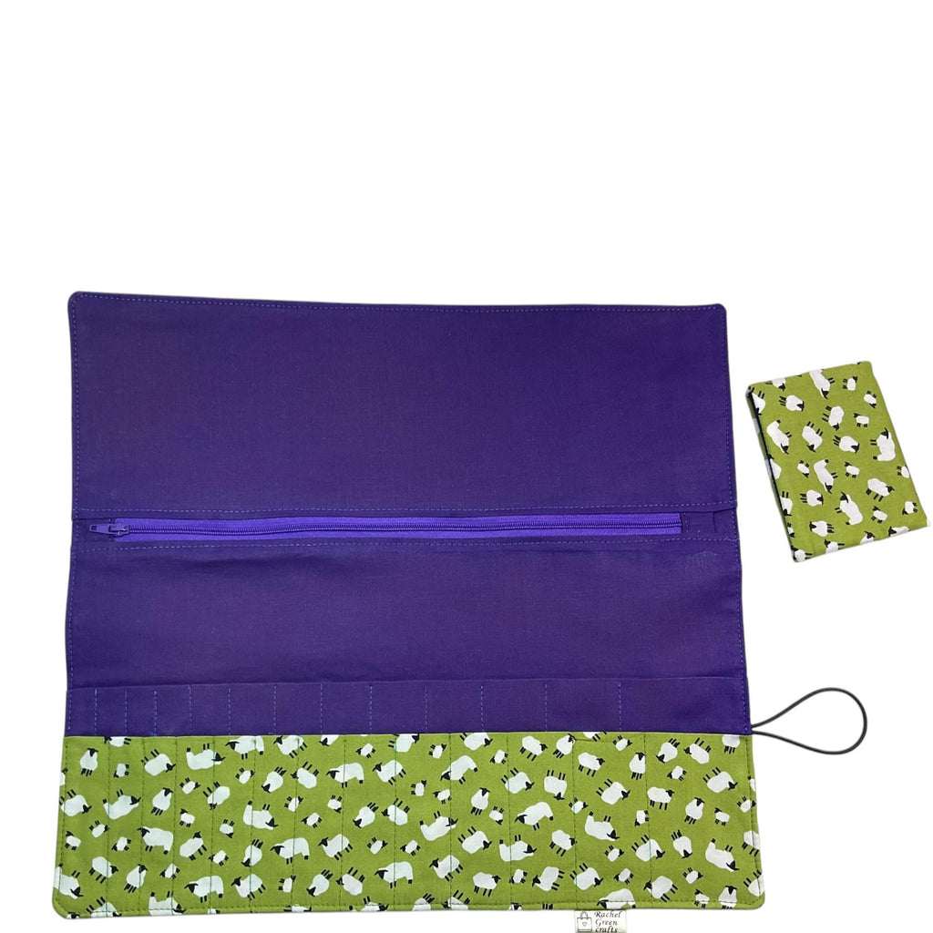 Interchangeable knitting needle case with all over sheep print, 2 sets, addi case, chiagoo wallet, knit pro organiser pouch, hiya hiya case,